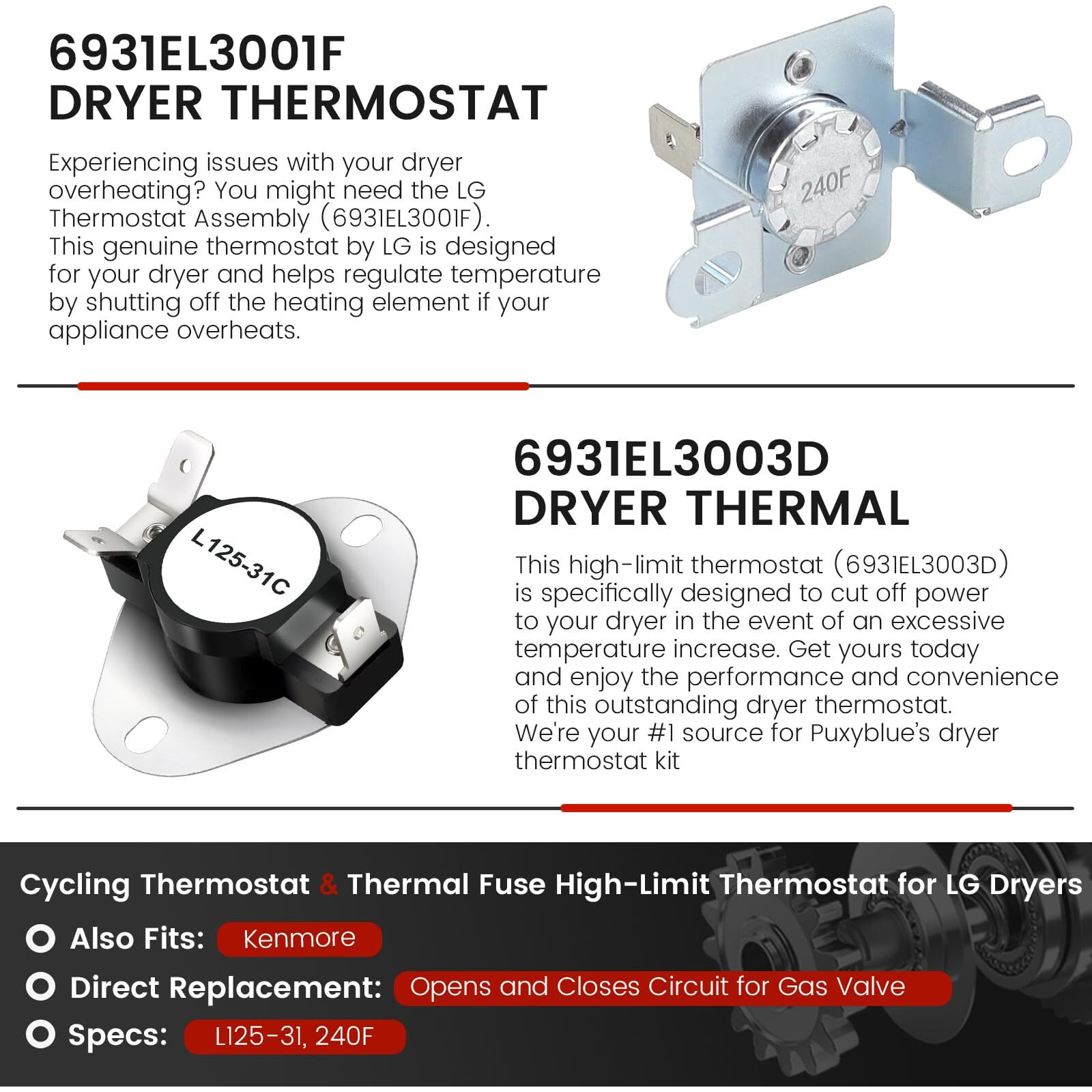 Dryer Thermal Fuse 6931El3003D 6931El3001F Dryer Thermostat Kit By Puxyblue - Replaces Ap5072172 Dle5955W L125-31C - Compatible With Kenmore Lg Dryers Dle2050W  Dle2301R  Etc.