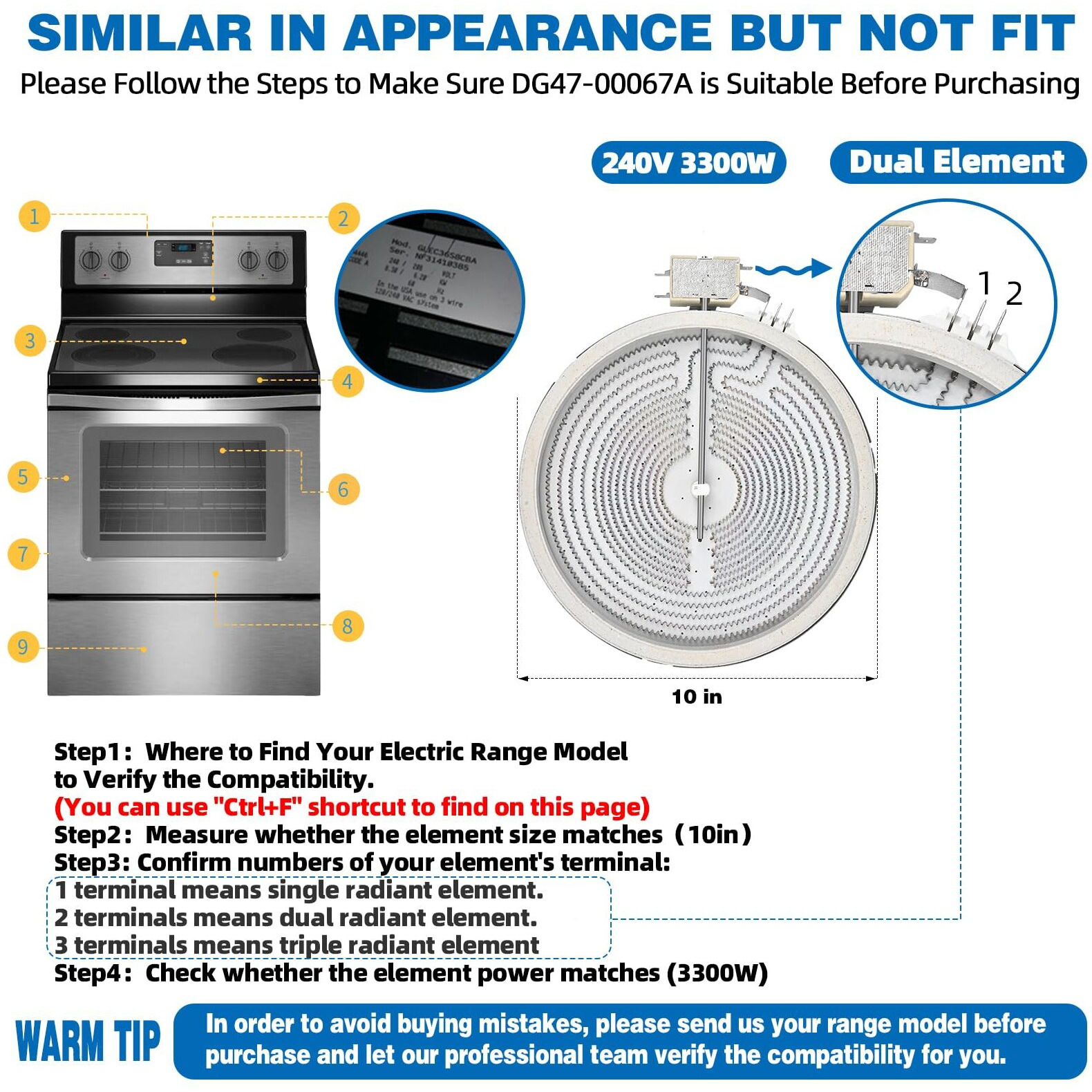 Upgrade Mee62385201 Dg47-00067A 10 Inch Dual Radiant Surface Element Fit For Lg Electric Range For Samsung Oven Replace Ap5683233 Ps11720672 Ps7795472 Eap11720672 Dual Haliant Surface Element