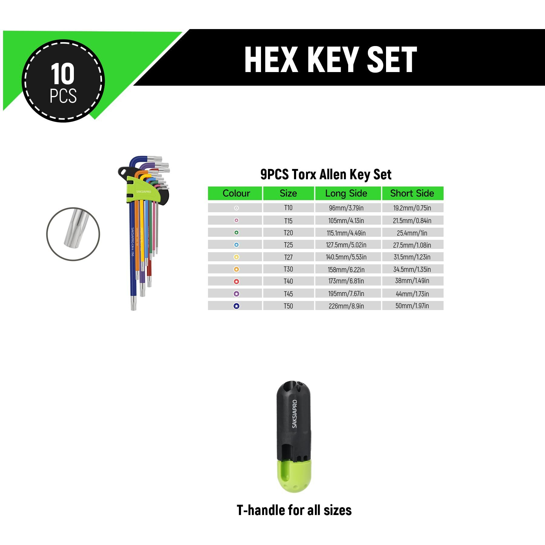 Saksiapro 9-Piece Torx Star Allen Wrench Set With T Handle - Long Arm Star Key Set (T10-T50)  Anti-Rust Black Oxide Finish  Cr-V Steel  For Automotive  Electronics & Security Fasteners