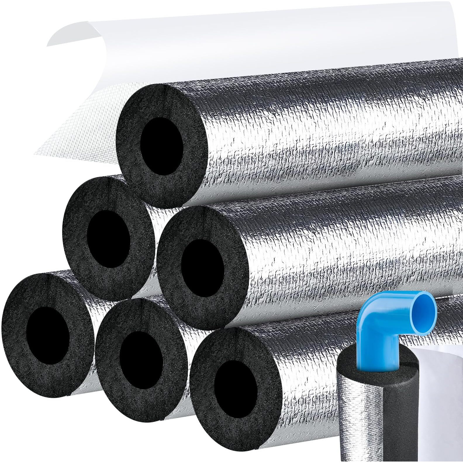 Supkiir 6Pcs Pipe Insulation Foam Tube 1In  Aluminium Foil Self-Adhesive Foam Pipe Wrap  Highly Insulated For Copper Pipe Ac Line Outdoor Winter Irrigation Rv Plumbing Pipe Sprinkler Spigot