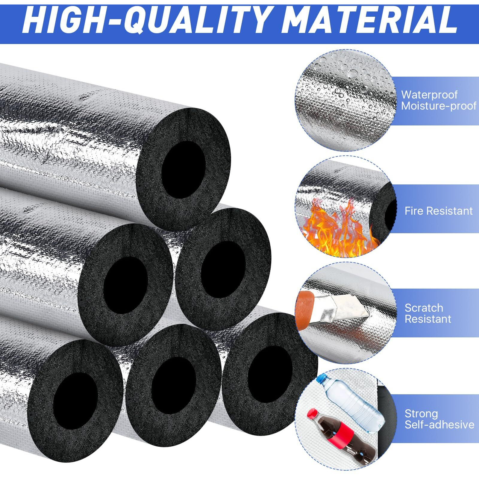 Supkiir 6Pcs Pipe Insulation Foam Tube 1In  Aluminium Foil Self-Adhesive Foam Pipe Wrap  Highly Insulated For Copper Pipe Ac Line Outdoor Winter Irrigation Rv Plumbing Pipe Sprinkler Spigot