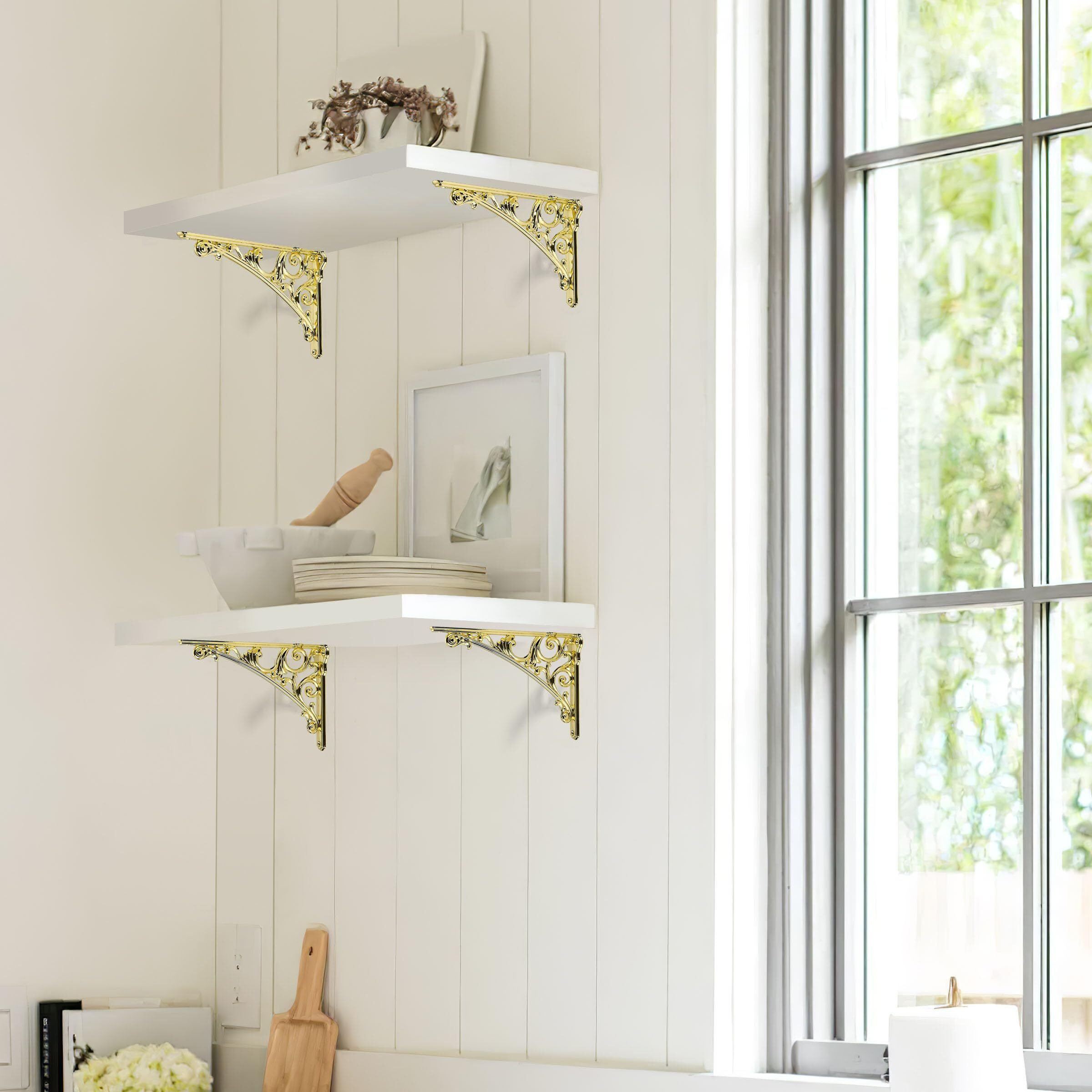 Khtumeware Polished Brass Shelf Bracket 6 Inch  Decorative Brackets For Shelving  Heavy Duty Bright Gold Ornate Shelf Bracket  Hardware Included  2 Pack  5.9X4.2X1.73 Inch