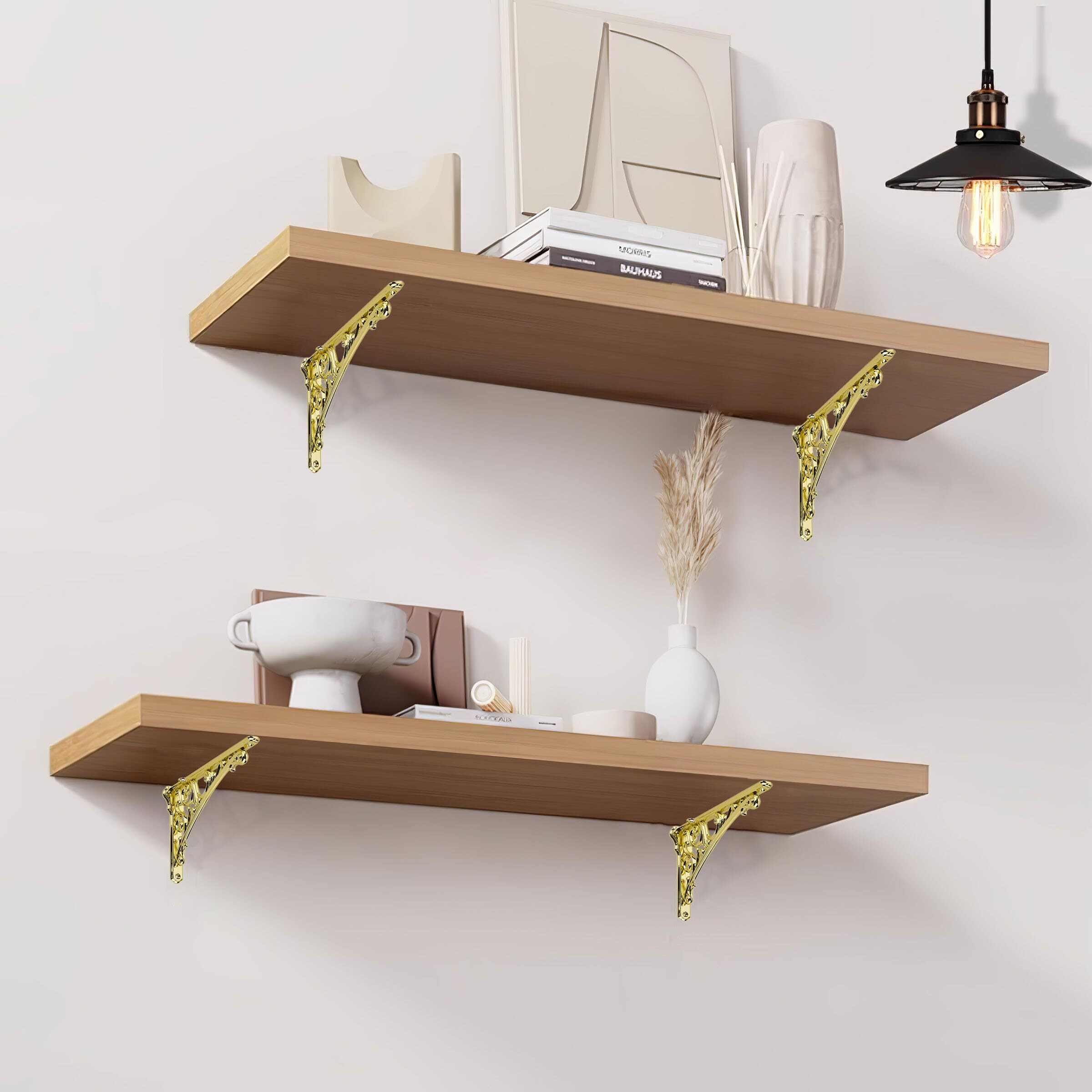 Khtumeware Polished Brass Shelf Bracket 6 Inch  Decorative Brackets For Shelving  Heavy Duty Bright Gold Ornate Shelf Bracket  Hardware Included  2 Pack  5.9X4.2X1.73 Inch