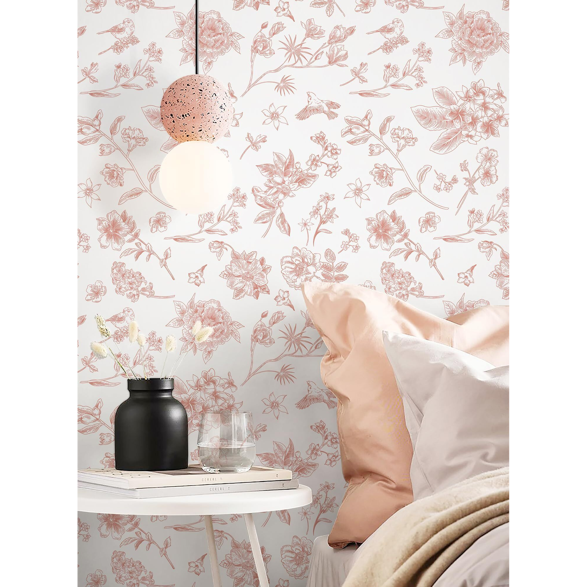 Safiyya 118"&quotX17.3"" Pink And White Floral Wallpaper Peel And Stick Wall Paper Removable Self Adhesive Wallpaper For Bedroom Bathroom Flowers Birds Contact Paper For Cabinets Walls Vinyl Rolls