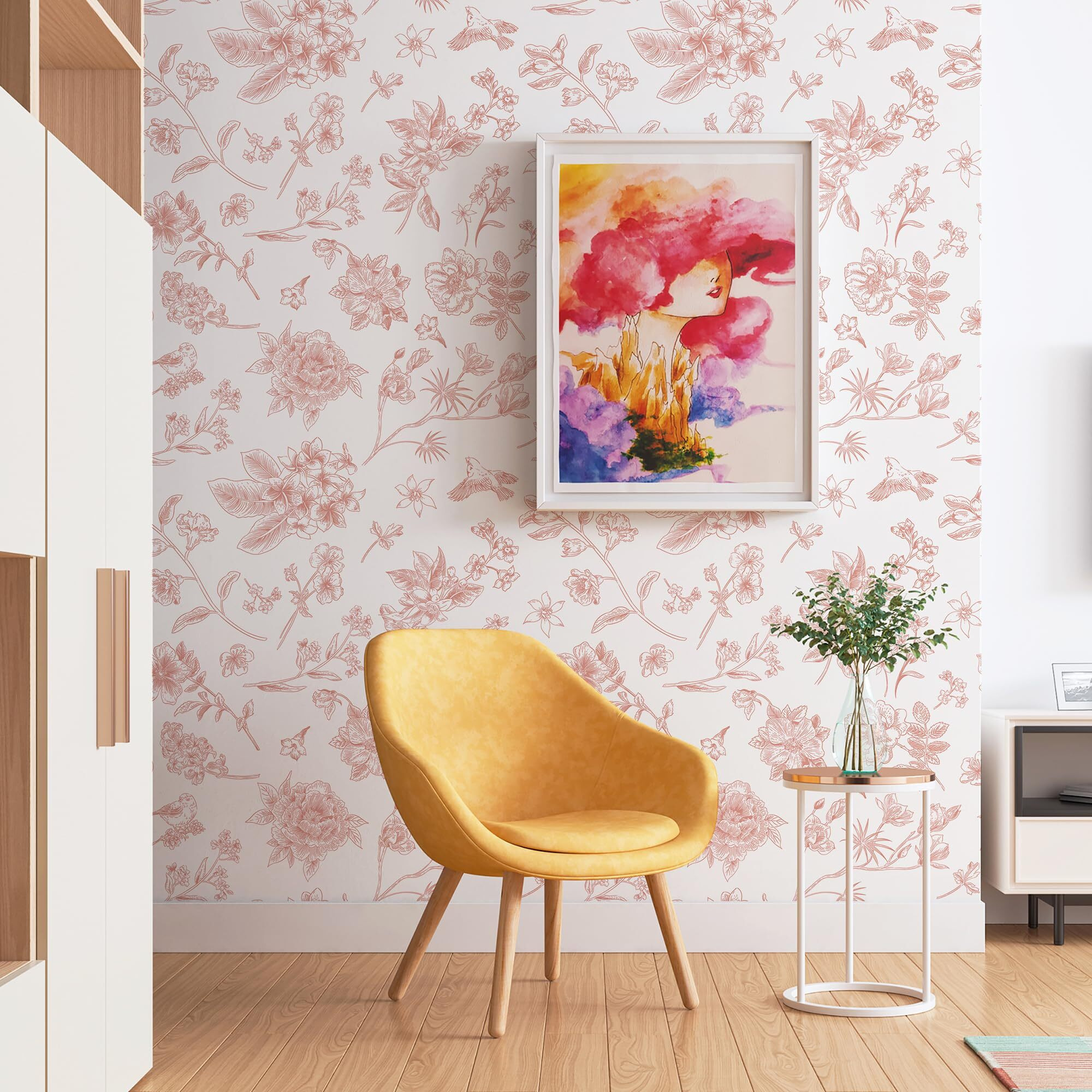 Safiyya 118"&quotX17.3"" Pink And White Floral Wallpaper Peel And Stick Wall Paper Removable Self Adhesive Wallpaper For Bedroom Bathroom Flowers Birds Contact Paper For Cabinets Walls Vinyl Rolls