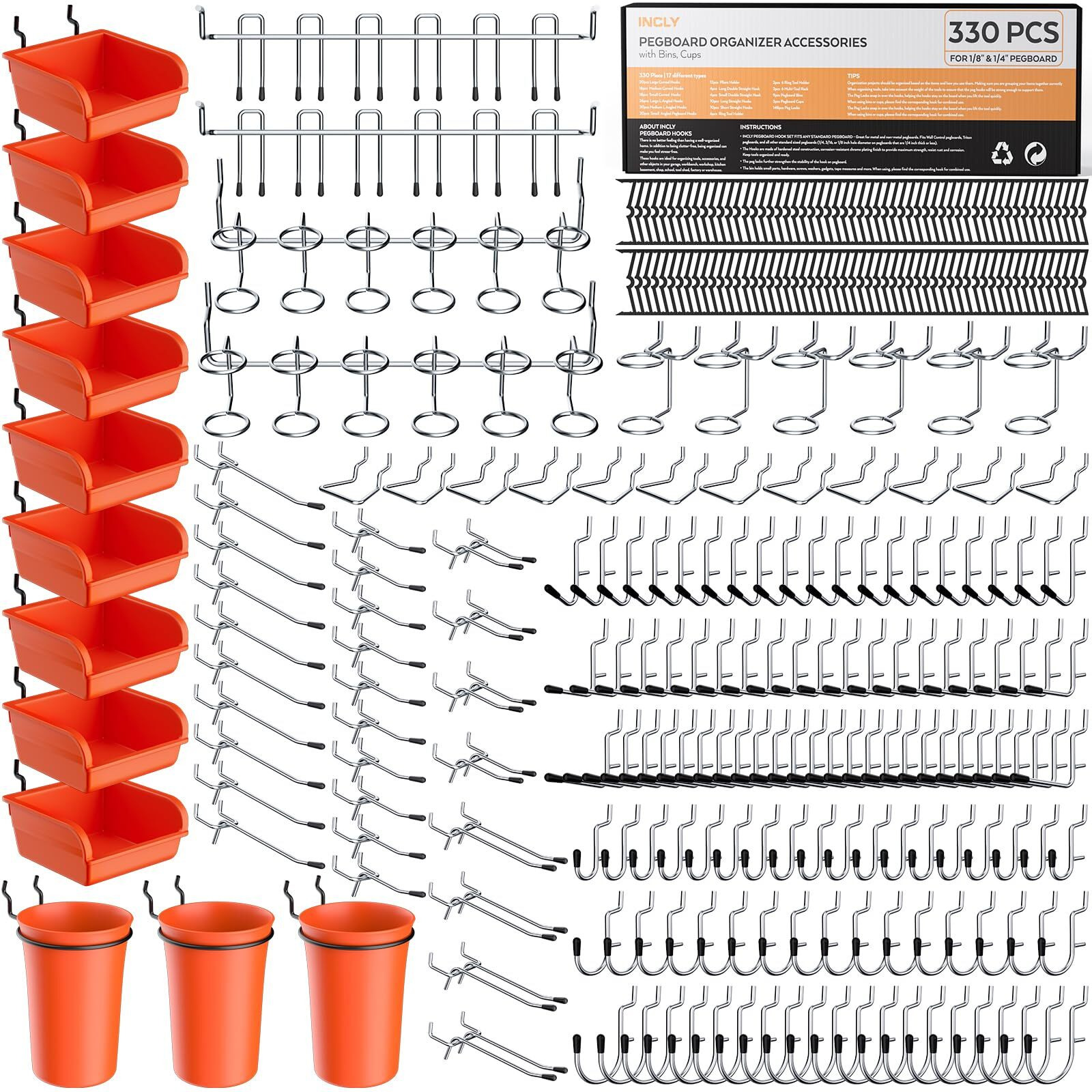 Incly 330Pcs Upgraded Pegboard Accessories Organizer Kit  Peg Board Hooks Assortment With Bins & Cups For Organizing Tools  Fit 1/8 Or 1/4 Inch Pegboard For Garage Workshop Wall Hanging Tools