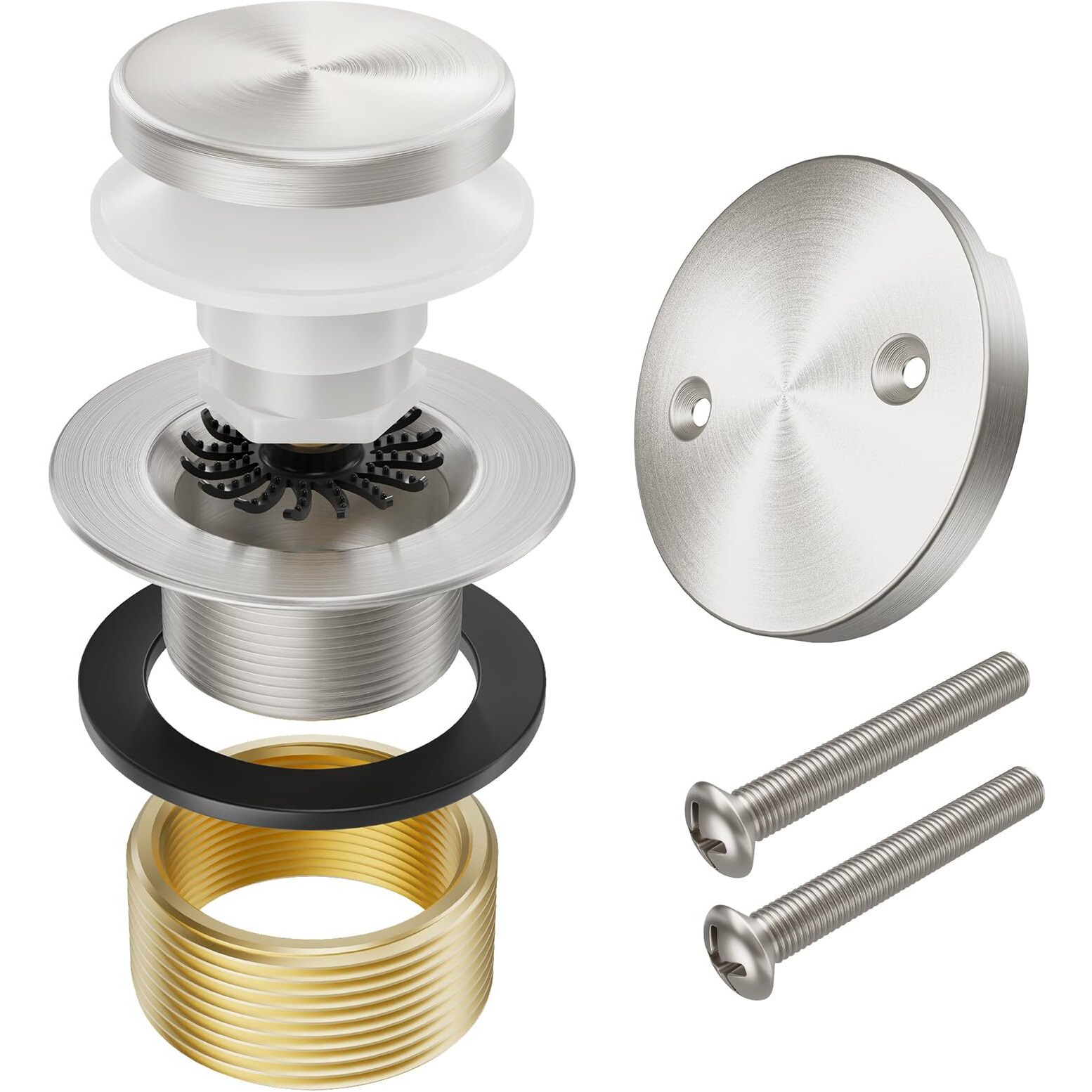 Yaseingoo Brushed Nickel Bathtub Drain Stopper And Overflow Kit  Solid Brass Tip-Toe Bath Tub Drain With Hair Catcher - Universal Coarse/Fine Thread  Bathroom Bathtub Plug Replacement  11.5/16 Unc