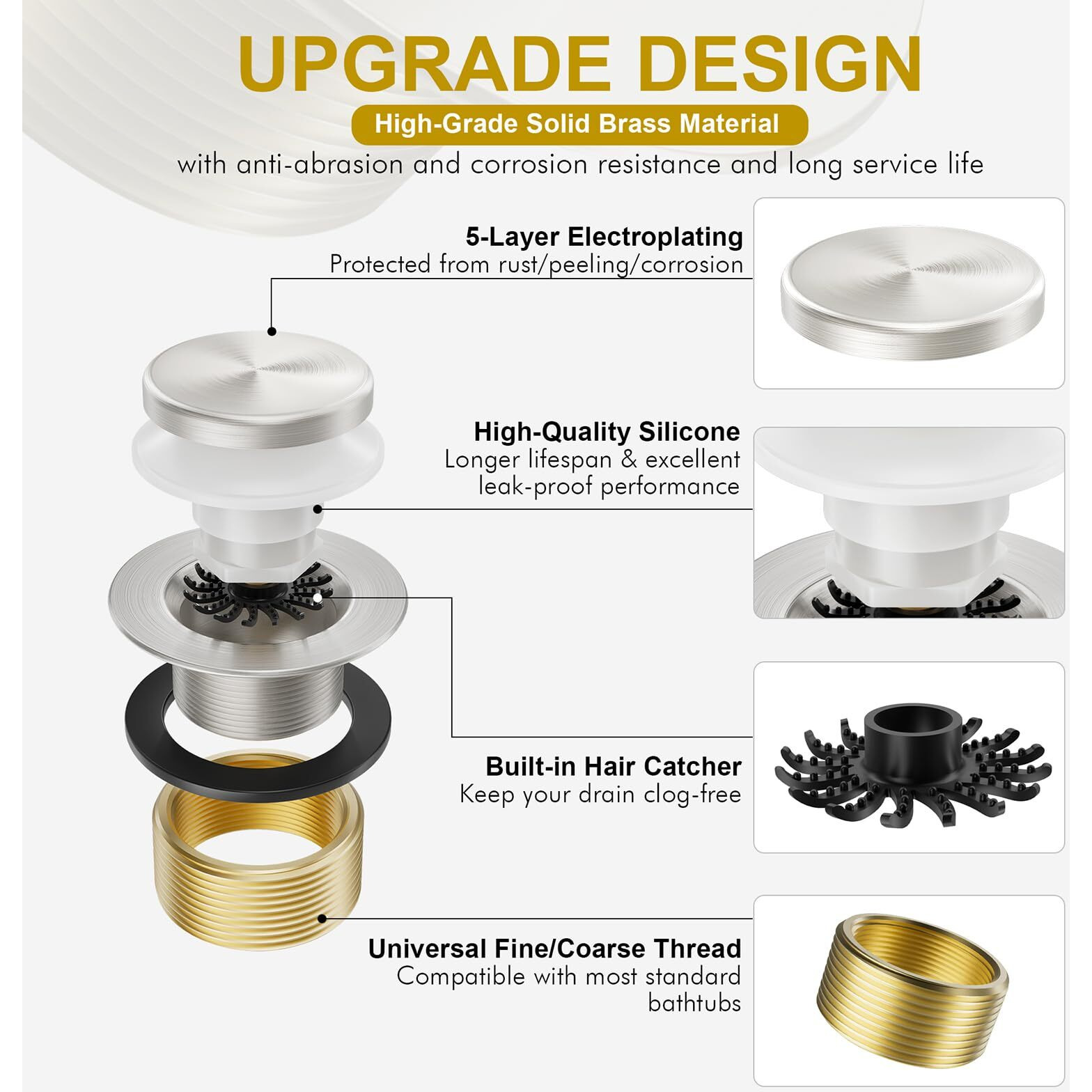 Yaseingoo Brushed Nickel Bathtub Drain Stopper And Overflow Kit  Solid Brass Tip-Toe Bath Tub Drain With Hair Catcher - Universal Coarse/Fine Thread  Bathroom Bathtub Plug Replacement  11.5/16 Unc