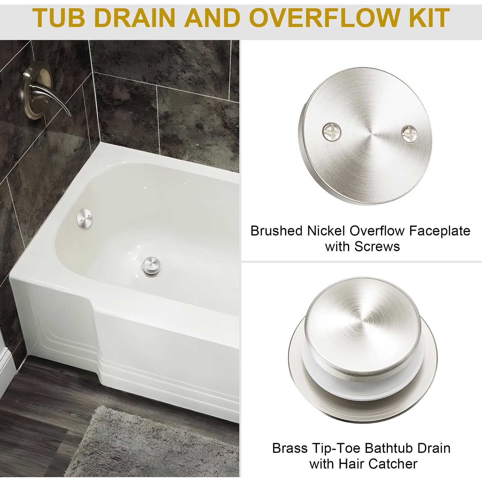 Yaseingoo Brushed Nickel Bathtub Drain Stopper And Overflow Kit  Solid Brass Tip-Toe Bath Tub Drain With Hair Catcher - Universal Coarse/Fine Thread  Bathroom Bathtub Plug Replacement  11.5/16 Unc