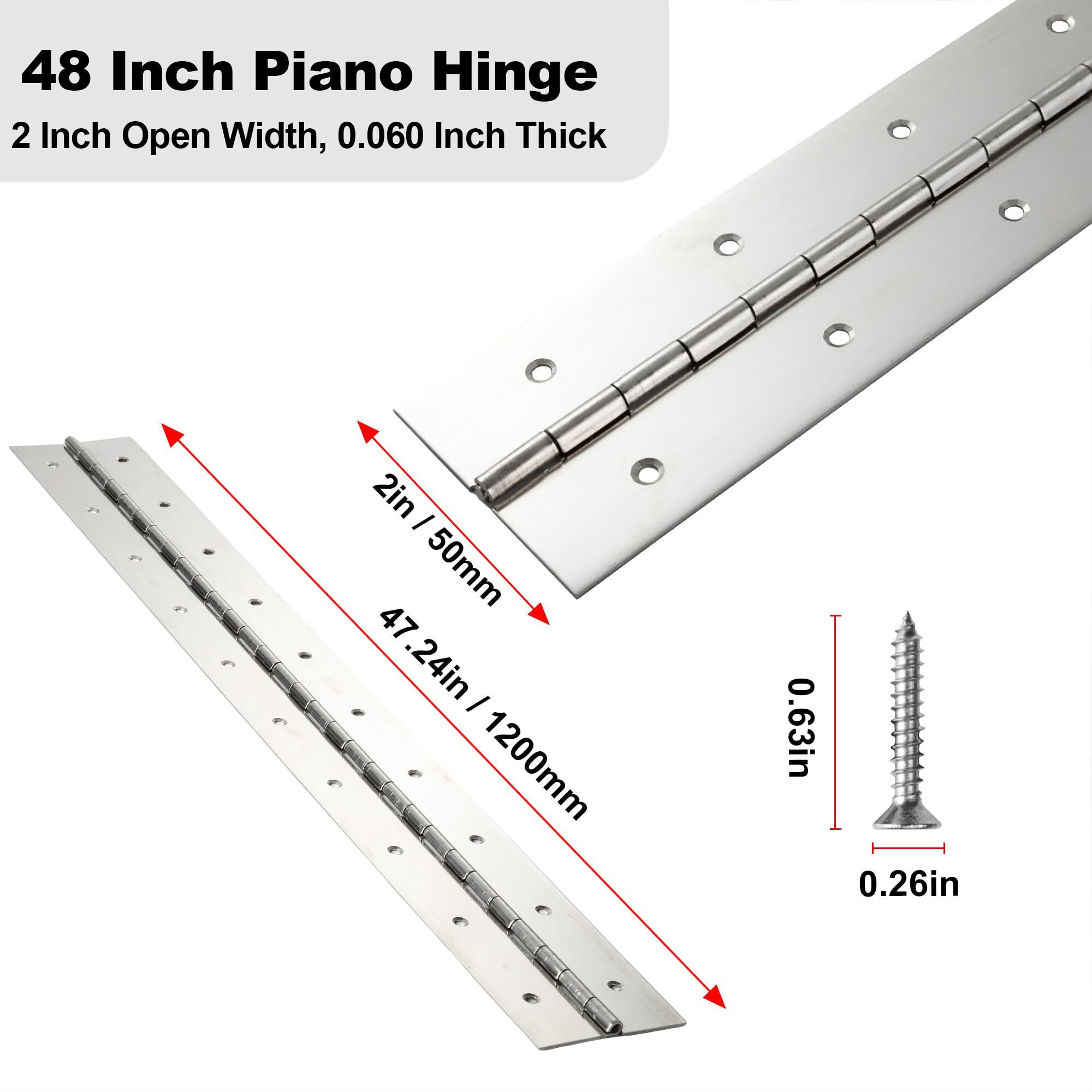 2 Pack Marine Grade Heavy Duty Piano Hinge 48 Inch X 2 Inch Width  True 0.060'' Thick Stainless Steel Piano Hinge For Heavy Duty Cabinet  Door  Toolbox  Metal Plate  Furniture  Industrial Project