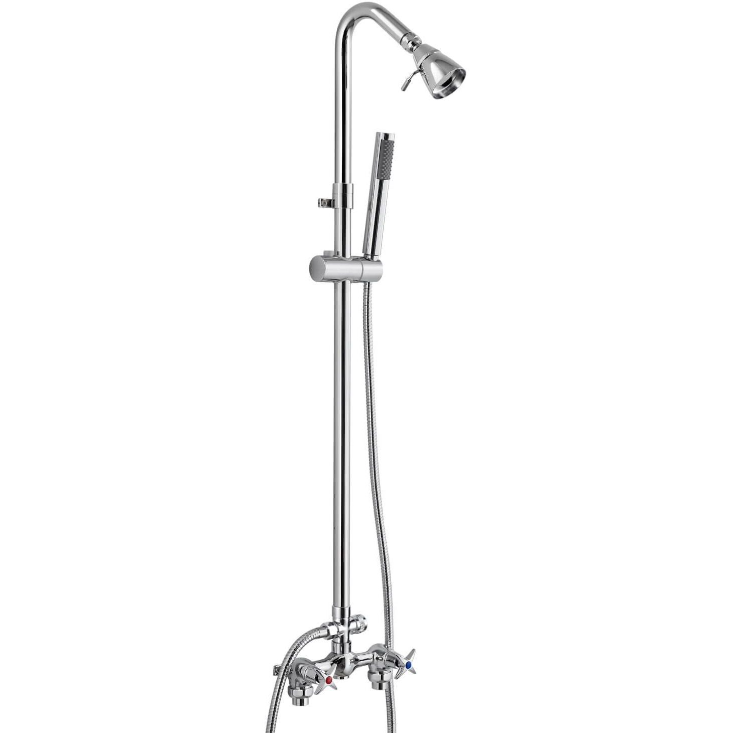 Cinwiny Polish Chrome Wall Mount Outdoor Shower Kit With Hand Held Sprayer Double Cross Handles With Adjustable Slide Bar Dual Function Exposed Shower Faucet System