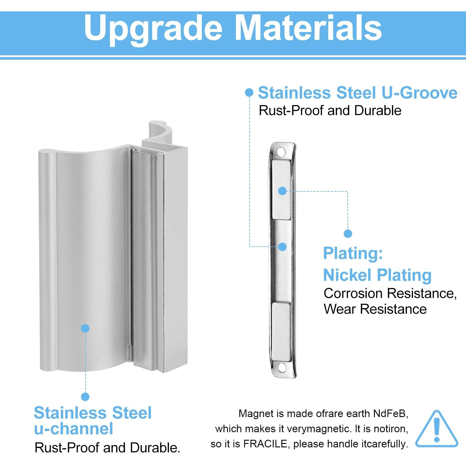 Vyh Stainless Steel U-Channel With Magnet  3"" Chrome Frameless Shower Door Handle With Metal Strike For 1/8"" 5/32"" 3/16"" And 1/4"" Thick Swing Glass Shower Doors  Frame And Frameless Shower Door