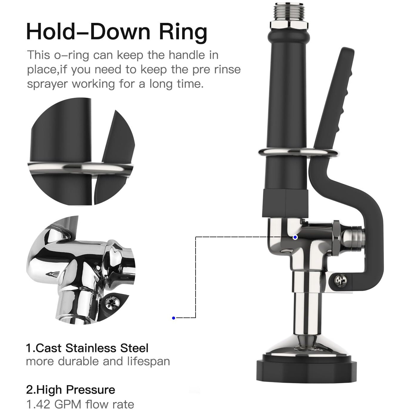 Gosifaca Commercial Sink Sprayer Pre Rinse Sprayer With Ergonomic Handle 1.42Gpm Dish Sprayer Nozzle Spray Valve Polished Chrome Finished Commercial Faucet Parts For Commercial Kitchen Sink(Black)