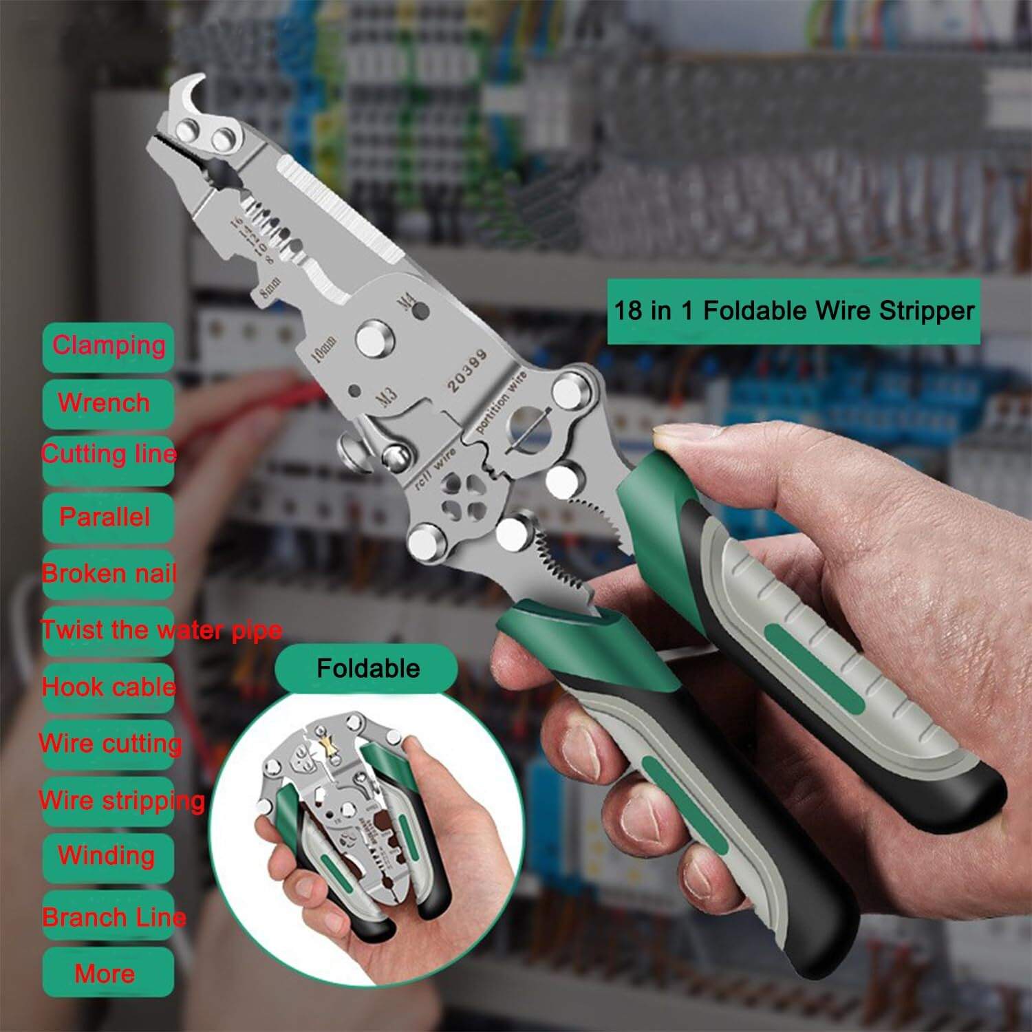 18 In 1 Foldable Wire Stripper  2025 Upgraded Multifunctional Foldable Professional Wire Strippers  Multifunctional Wire Stripper Crimper Cable Cutter Pliers  Wire Strippers Tool (Grey Green)
