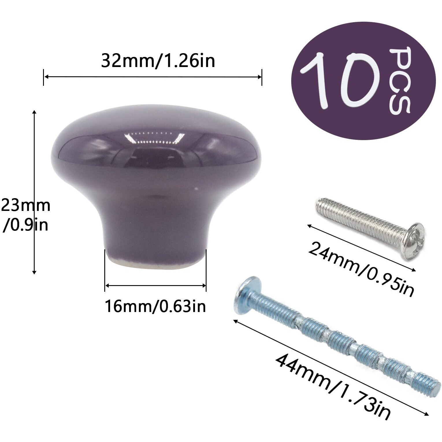 Joyangy 10Pack Ceramic Cabinet Knobs  1.26Inch/32Mm Dark Purple Round Drawer Dresser Knob Pulls Handle With Screws  For Kitchen Cupboards Wardrobes Children's Rooms Bedroom Furniture Office Desks