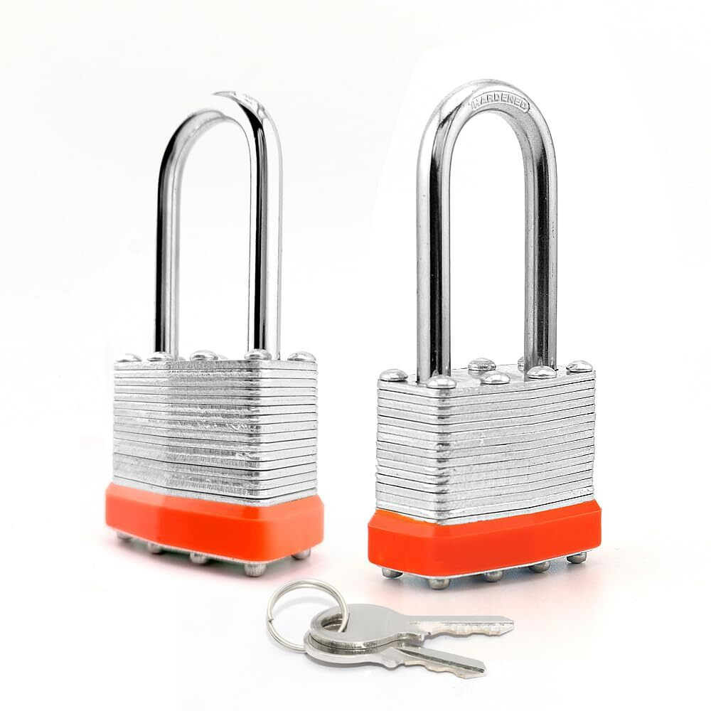 Lanube Lock Laminated Keyed Padlock (1-9/16""  40Mm)  Keyed Alike Locks  Long Shackle Marked Orange Plastic Hoop  Pack Of 2