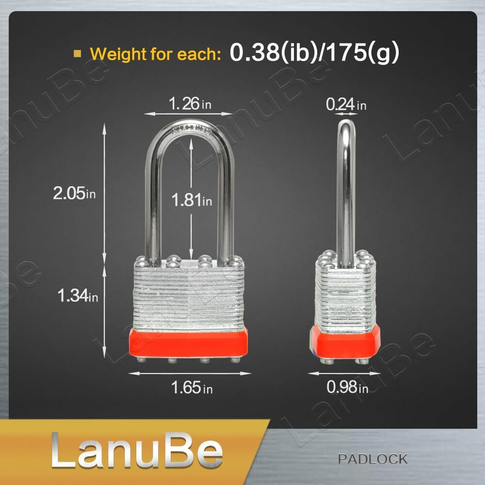 Lanube Lock Laminated Keyed Padlock (1-9/16""  40Mm)  Keyed Alike Locks  Long Shackle Marked Orange Plastic Hoop  Pack Of 2