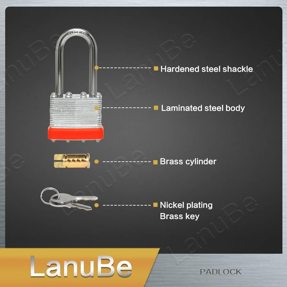 Lanube Lock Laminated Keyed Padlock (1-9/16""  40Mm)  Keyed Alike Locks  Long Shackle Marked Orange Plastic Hoop  Pack Of 2
