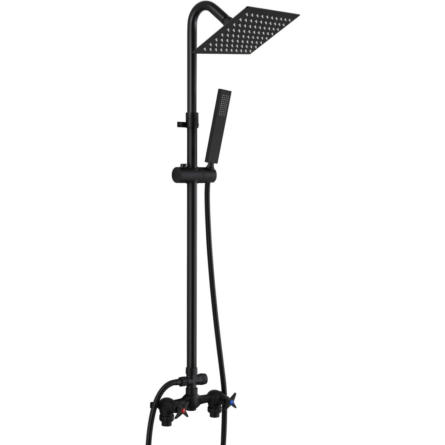 Cinwiny Wall Mounted Outdoor Shower System Matte Black 6"" Square Rainfall Shower Head With Hand Held Spray Double Cross Handles With Adjustable Slide Bar Two Function Exposed Shower Kit