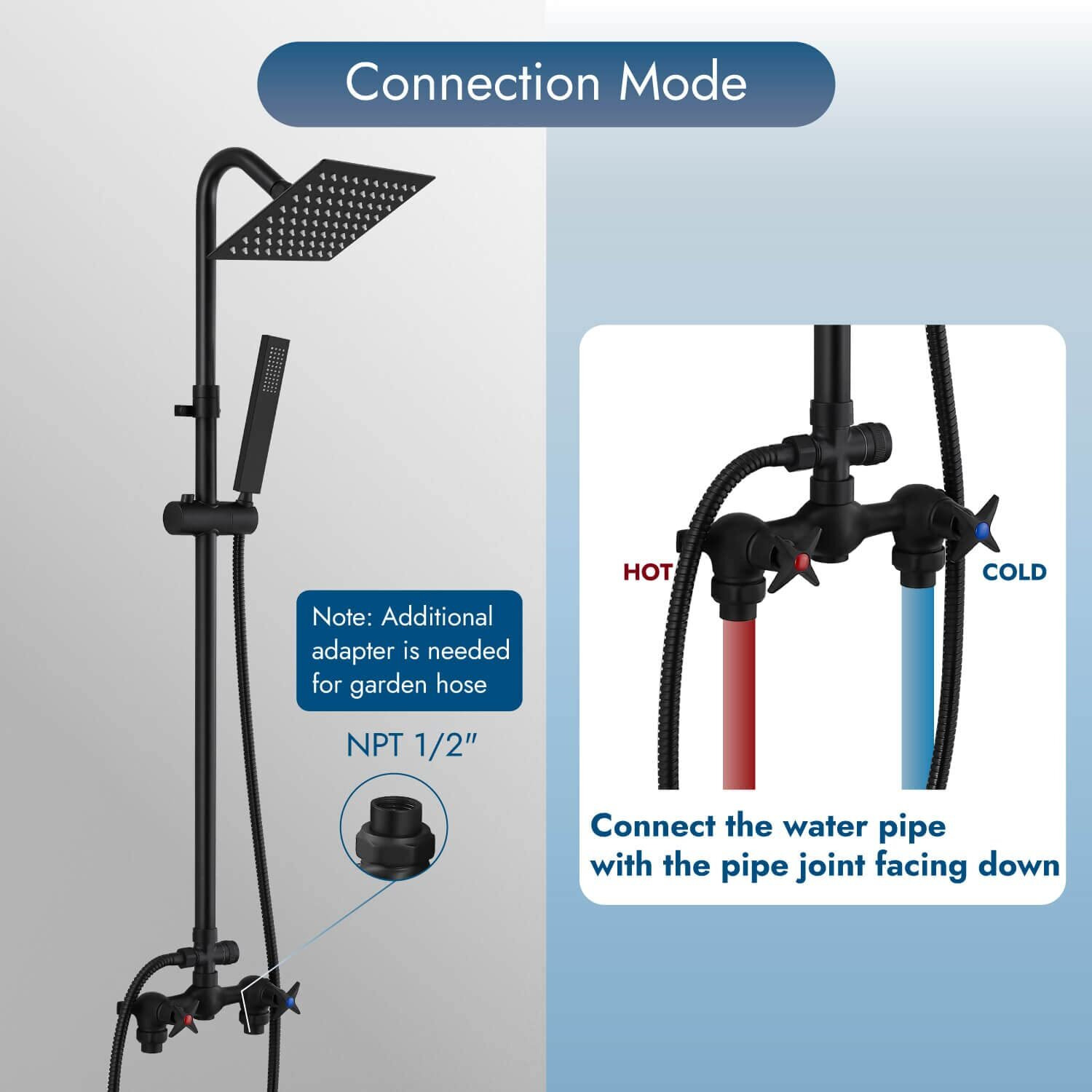 Cinwiny Wall Mounted Outdoor Shower System Matte Black 6"" Square Rainfall Shower Head With Hand Held Spray Double Cross Handles With Adjustable Slide Bar Two Function Exposed Shower Kit