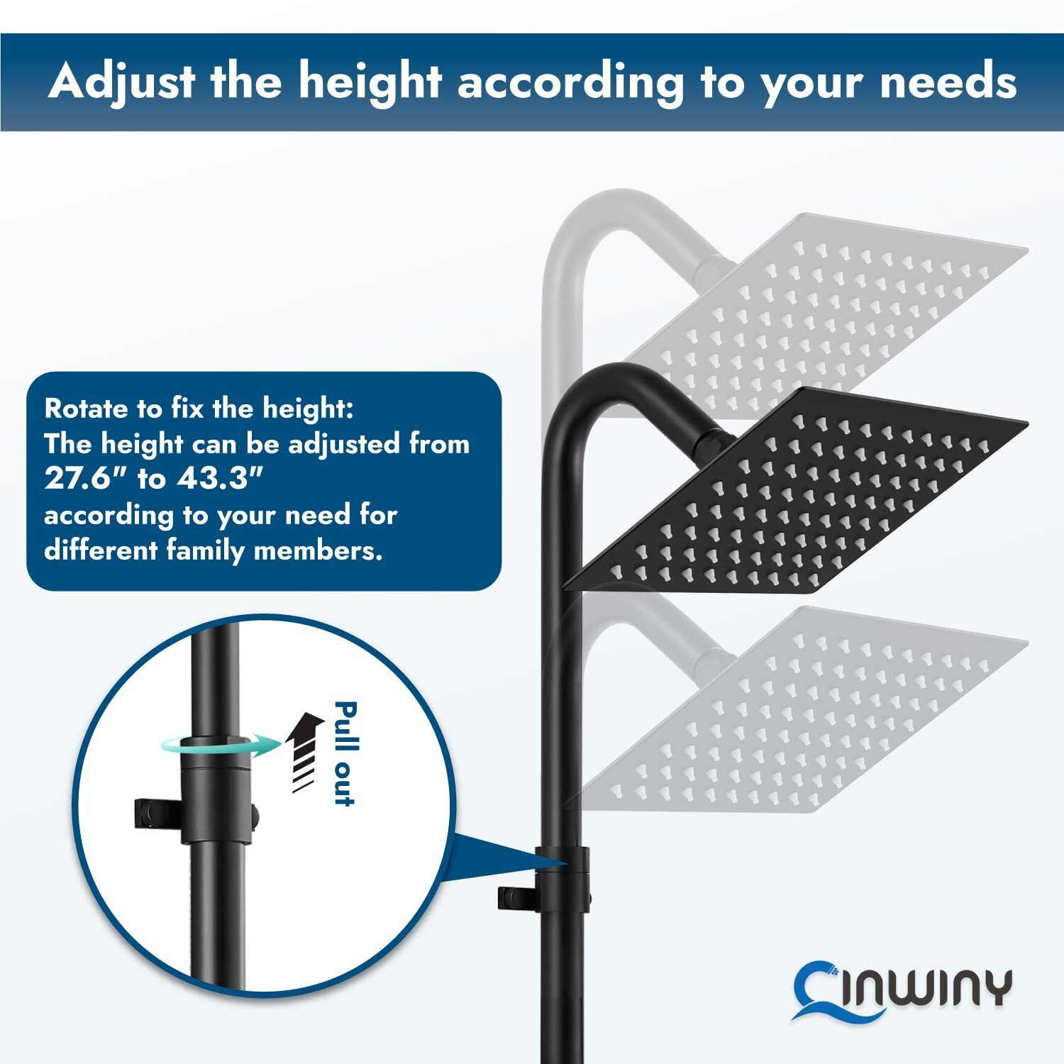 Cinwiny Wall Mounted Outdoor Shower System Matte Black 6"" Square Rainfall Shower Head With Hand Held Spray Double Cross Handles With Adjustable Slide Bar Two Function Exposed Shower Kit