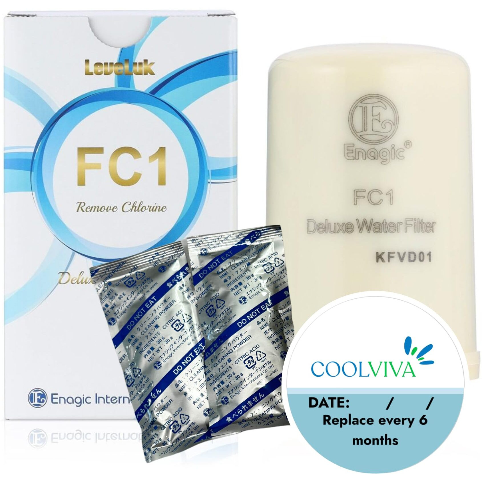 Water Filter Replacement Kit By Coolviva. Fc1 Replaces Enagic Leveluk F8 And Hg-N Filters On K8  Sd501  Jriv Machine. Features One Fc1 Water Filter  Two Cleaning Powders  And A Reminder