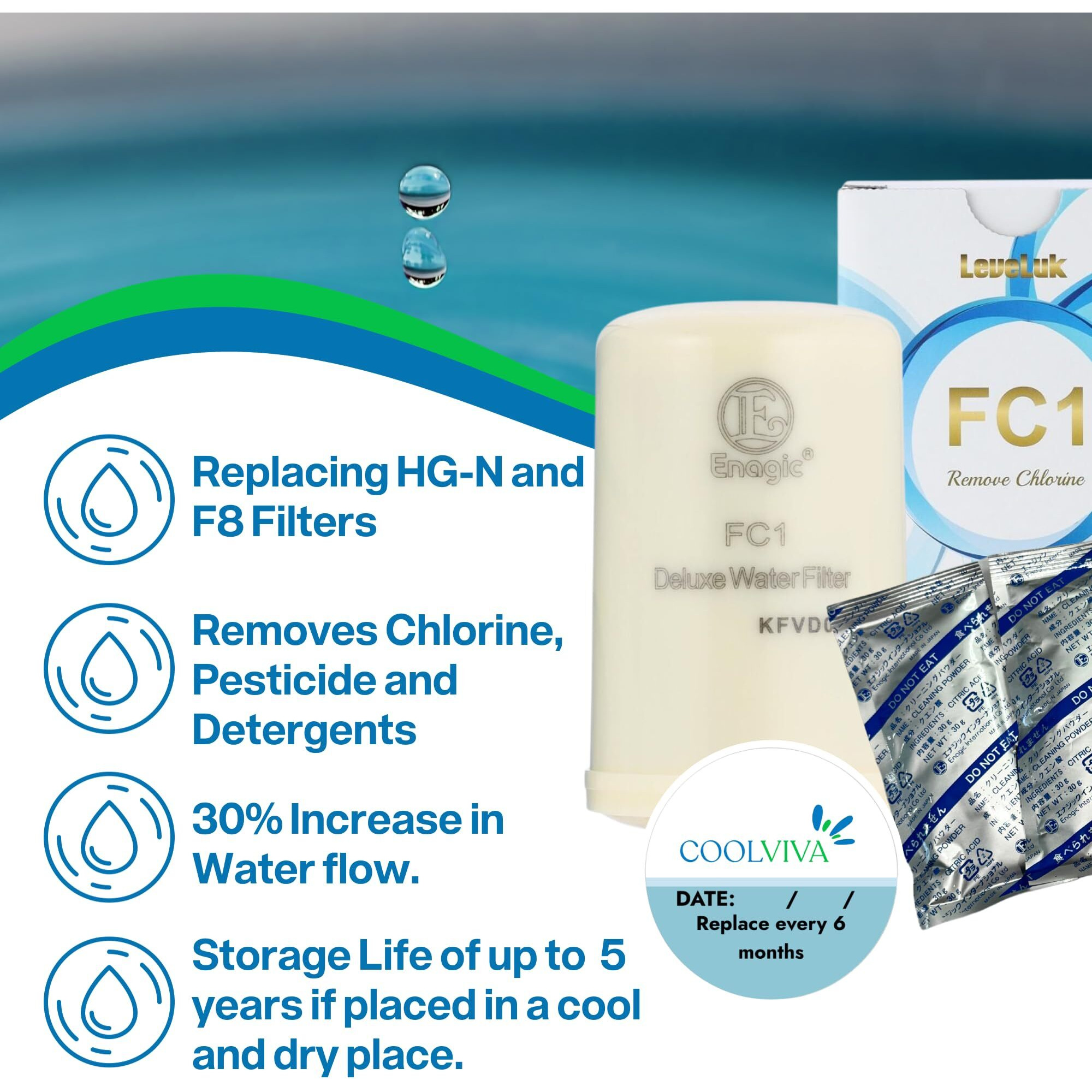 Water Filter Replacement Kit By Coolviva. Fc1 Replaces Enagic Leveluk F8 And Hg-N Filters On K8  Sd501  Jriv Machine. Features One Fc1 Water Filter  Two Cleaning Powders  And A Reminder