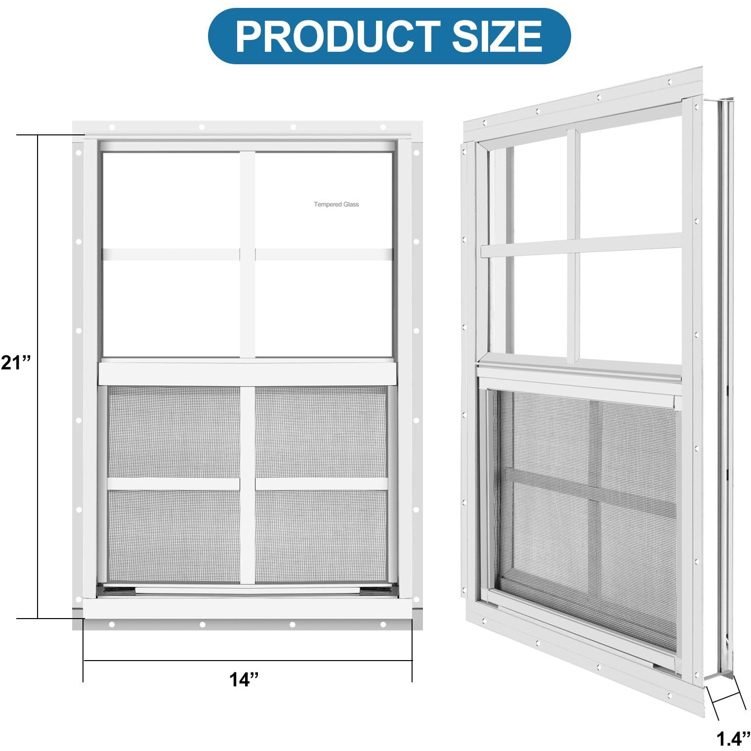 2 Pack Shed Window 21"" H X 14"" W  White Flush Mount Window With Tempered Glass And Removable Screen For Playhouses  Sheds  Garage And Chicken Coops