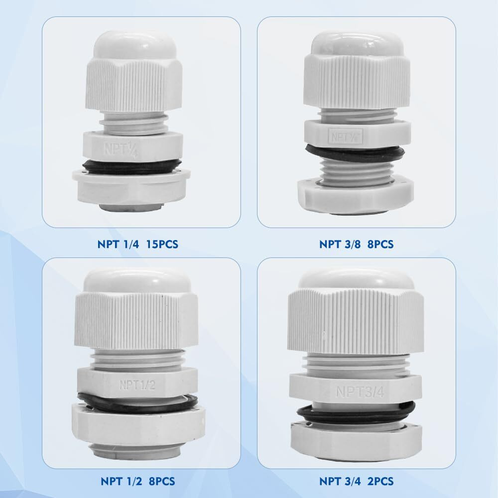 Yqmigu Cable Grommet Strain Relief Grips  33Pcs Liquid Tight Connector Npt 1/4"" 3/8"" 1/2"" 3/4"" Kit  Made Of High-Quality Nylon Pa66 Plastic  Prevent Moisture From Affecting Outdoor Electronic Devices
