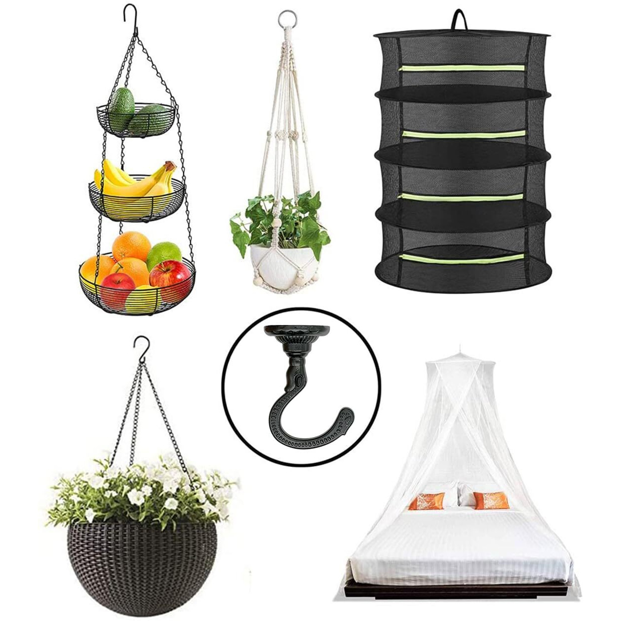 Evsteluo Large Swag Ceiling Heavy-Duty Hooks With Complete Hardware Kit - Ideal For Hanging Plants  Ceiling & Drywall Installation (4 Sets Black)