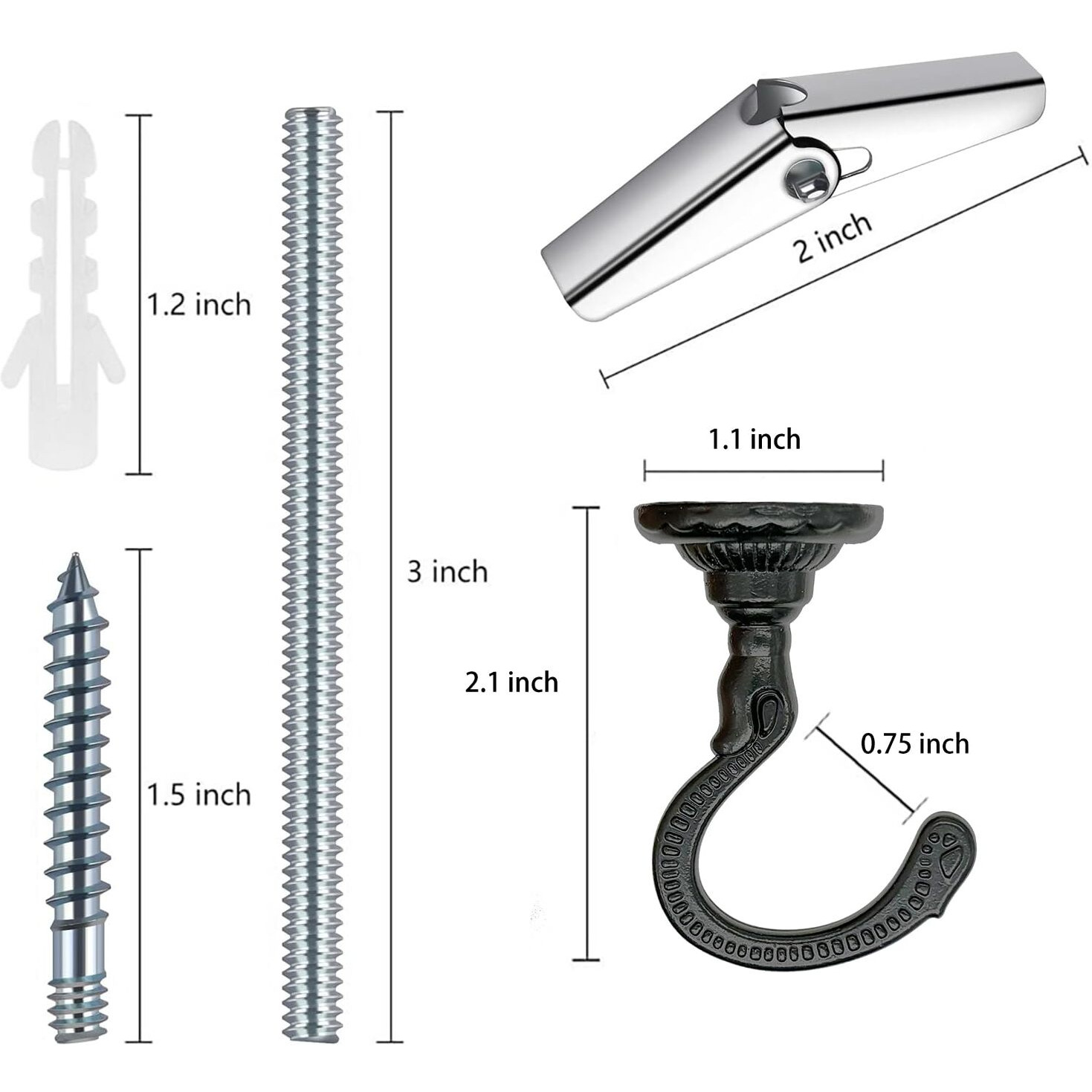 Evsteluo Large Swag Ceiling Heavy-Duty Hooks With Complete Hardware Kit - Ideal For Hanging Plants  Ceiling & Drywall Installation (4 Sets Black)