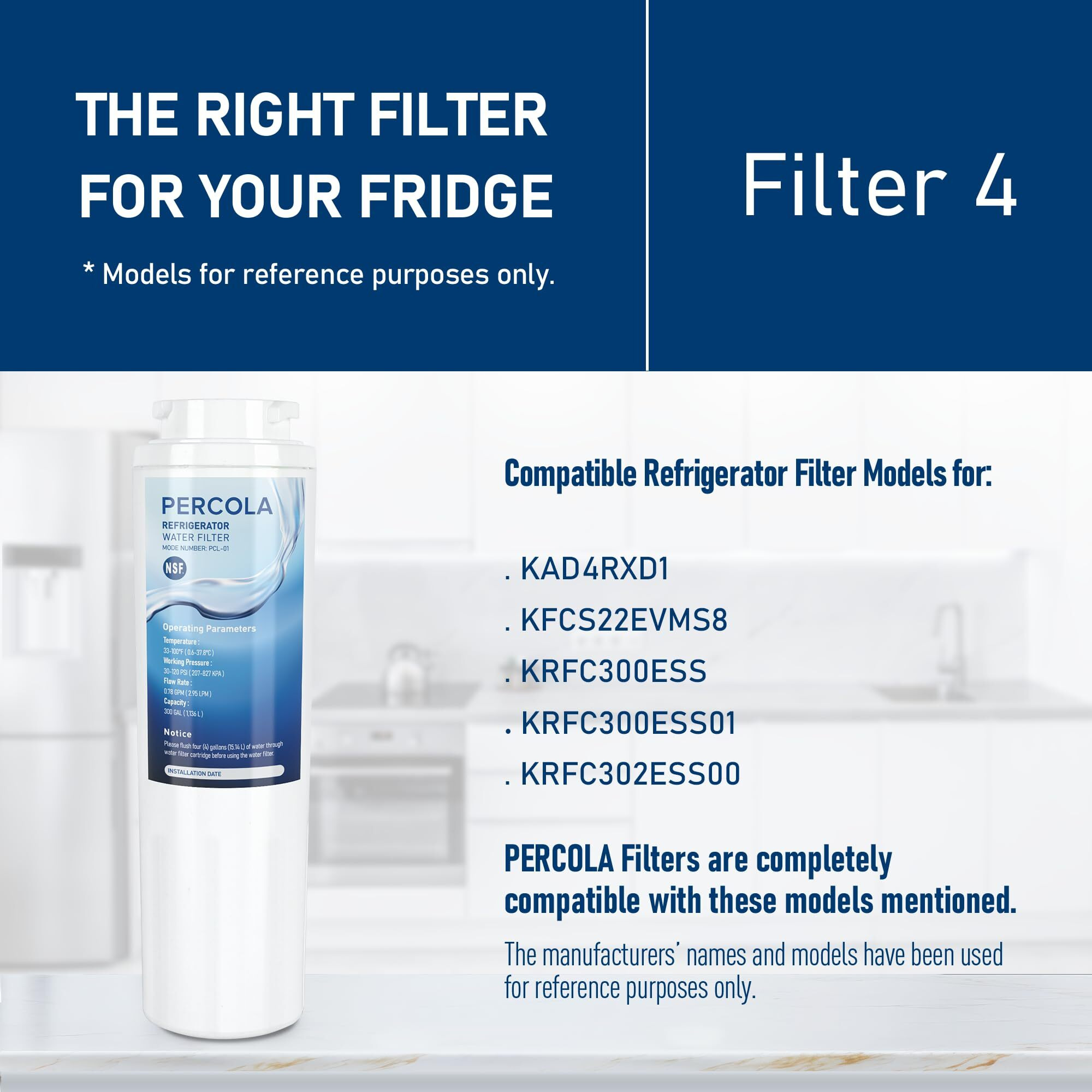 Percola Kad4Rxd1 Water Filter  Compatible With Kitchenaid Filter 4 - Kad4Rxd1  Kitchenaid Kfcs22Evms8  Krfc300Ess  Krfc300Ess01  Krfc302Ess00 Refrigerator Models (3 Pack)