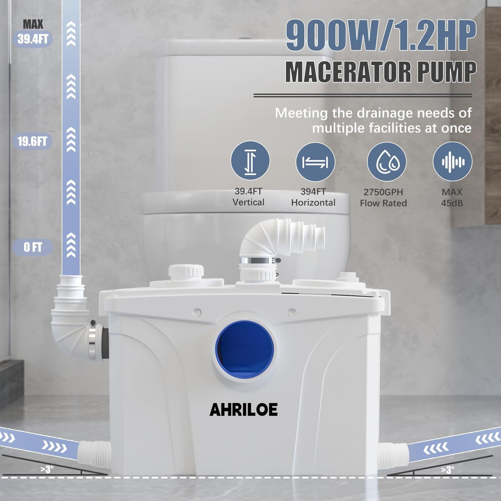 900W Macerator Pump  Macerating Toilet System With 2 Outlets/5 Inlets  Sewage Pump For Basement  Sink  Toilet  Laundry  Kitchen