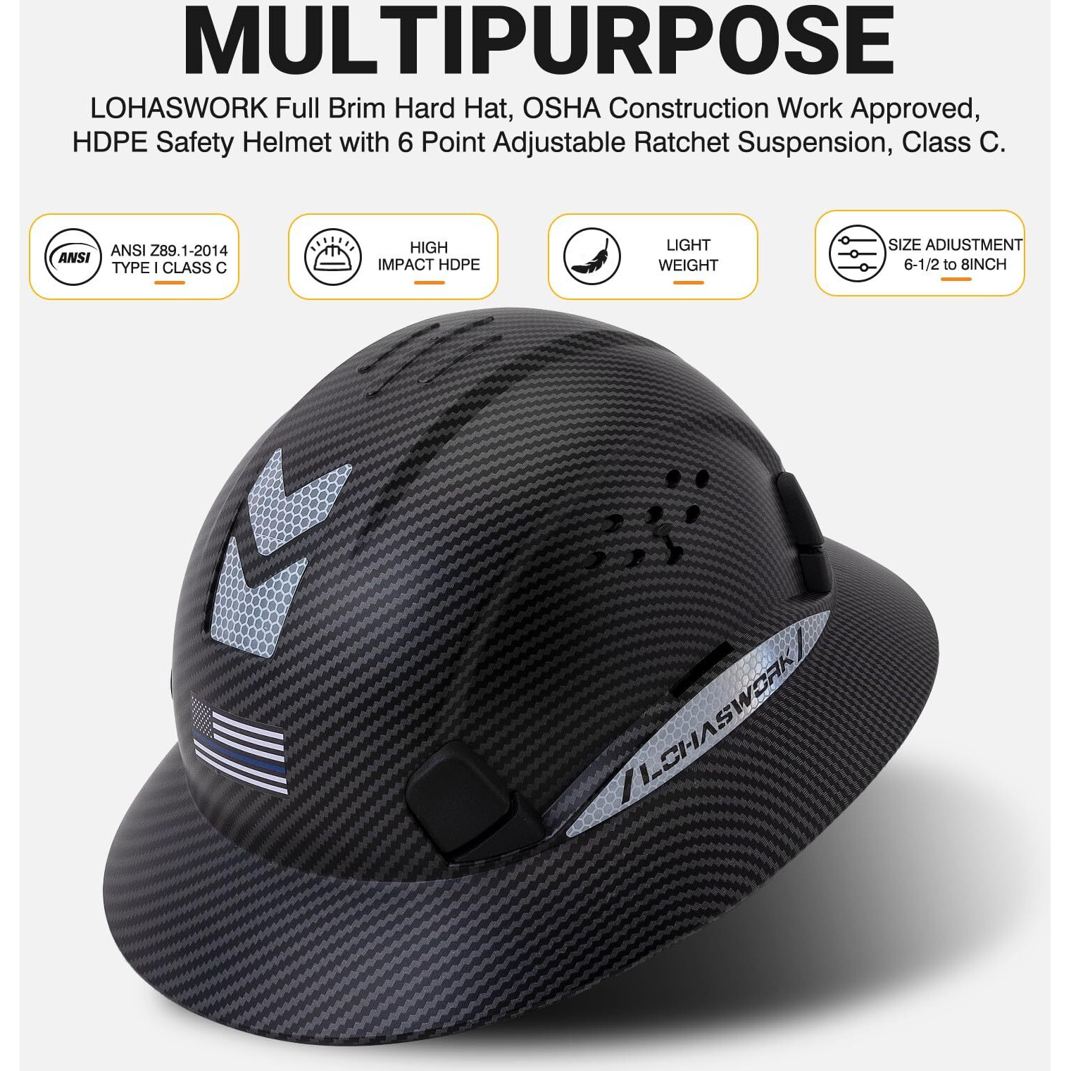 Lohaswork Full Brim Hard Hat Construction Osha Approved Vented Hard Hat Cascos De Construccion 6 Point Adjustable Ratchet Suspension Matte Black Graphite Pattern