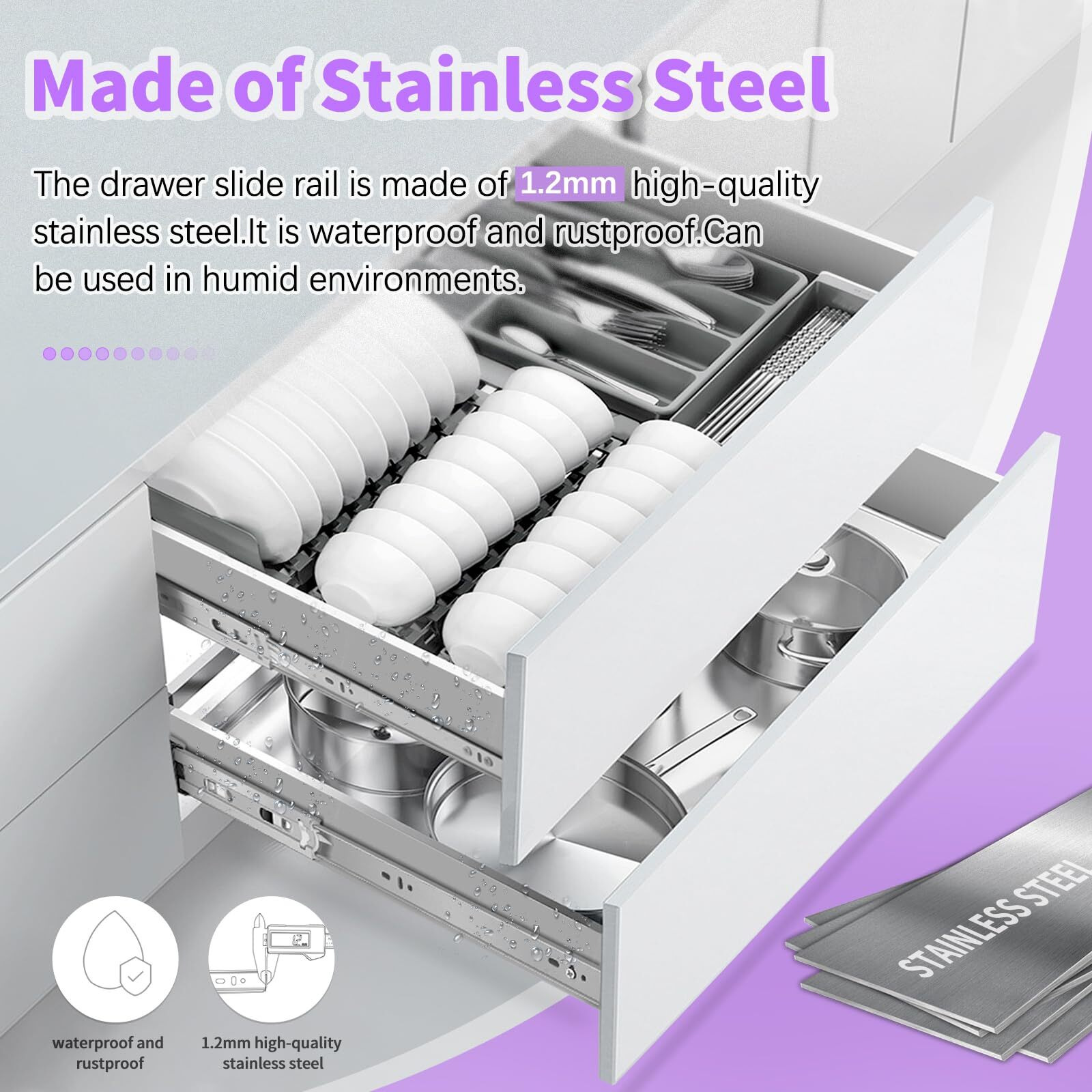 Baidice 1 Pair Soft Close Stainless Steel Full Extension 12 14 16 18 20 22 24 Inch Drawer Hardware Slides 100 Lb Load Capacity Side Mount Ball Bearing Self Close Kitchen Cabinet Rails Dresser Runners