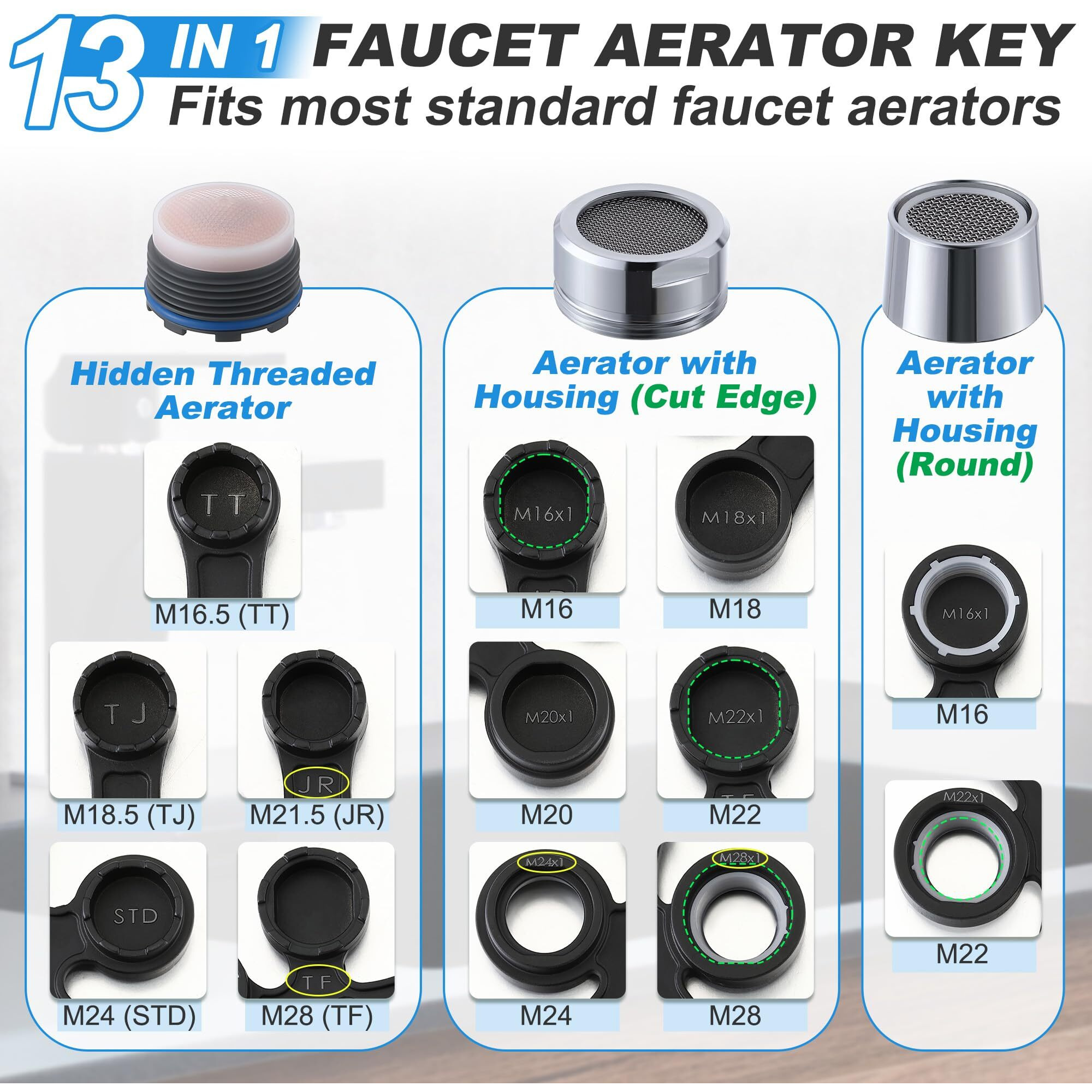 Enhon 13 In 1 Faucet Aerator Removal Tool  Metal Aerator Key Wrench For Hidden Tf  Tj  Tt  Jr  Std And Cut Edge/Round Aerator With Housing M16 M18 M20 M22 M24 M28 (Black Mist)