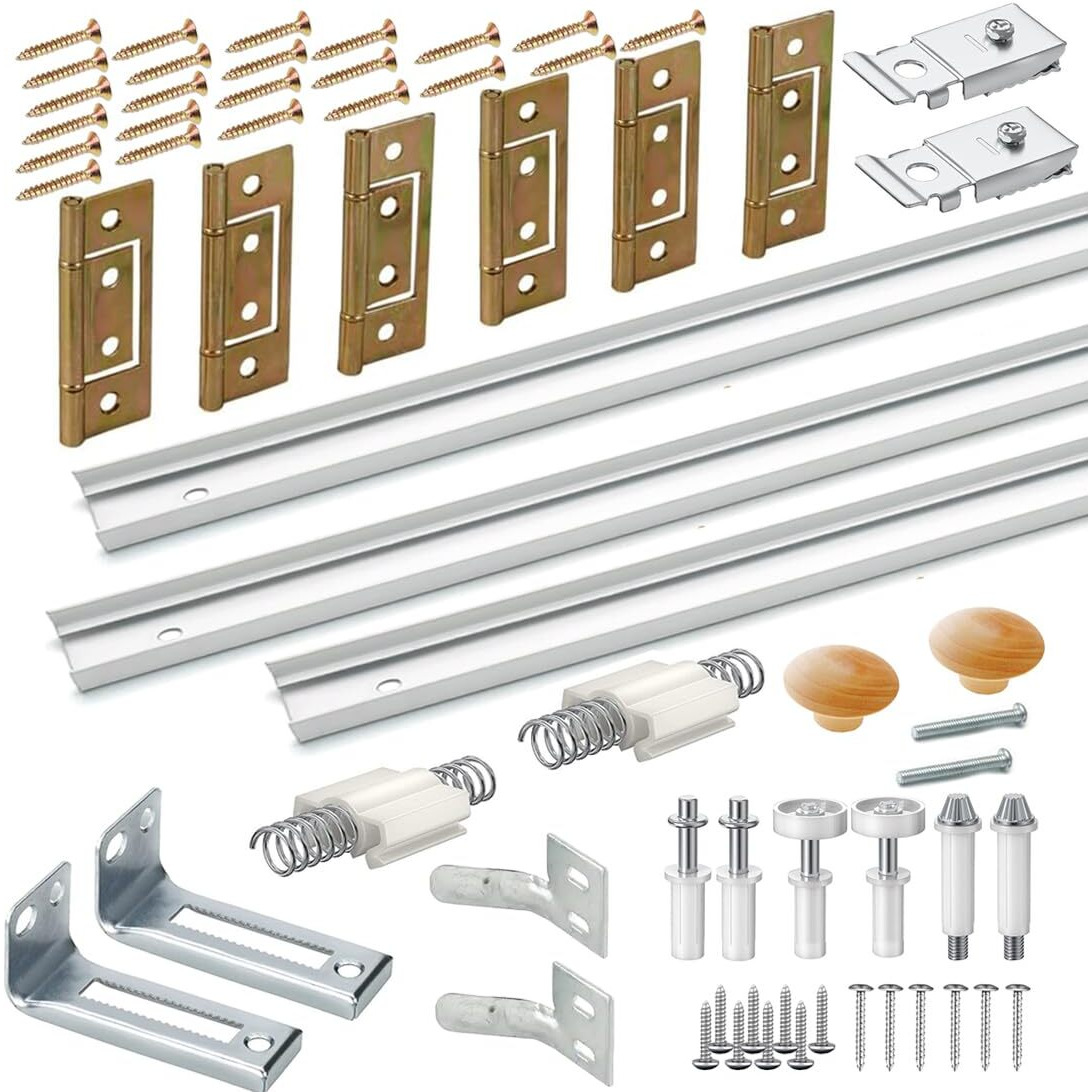 Bifold Door Hardware With Track  Bi-Fold Closet Door Hardware Repair Tool Kit  Included Top Guide Wheels  Top Pivot  Bottom Pivot  Spring  Metal Pivot Pin And Steel Track (48 Inch)