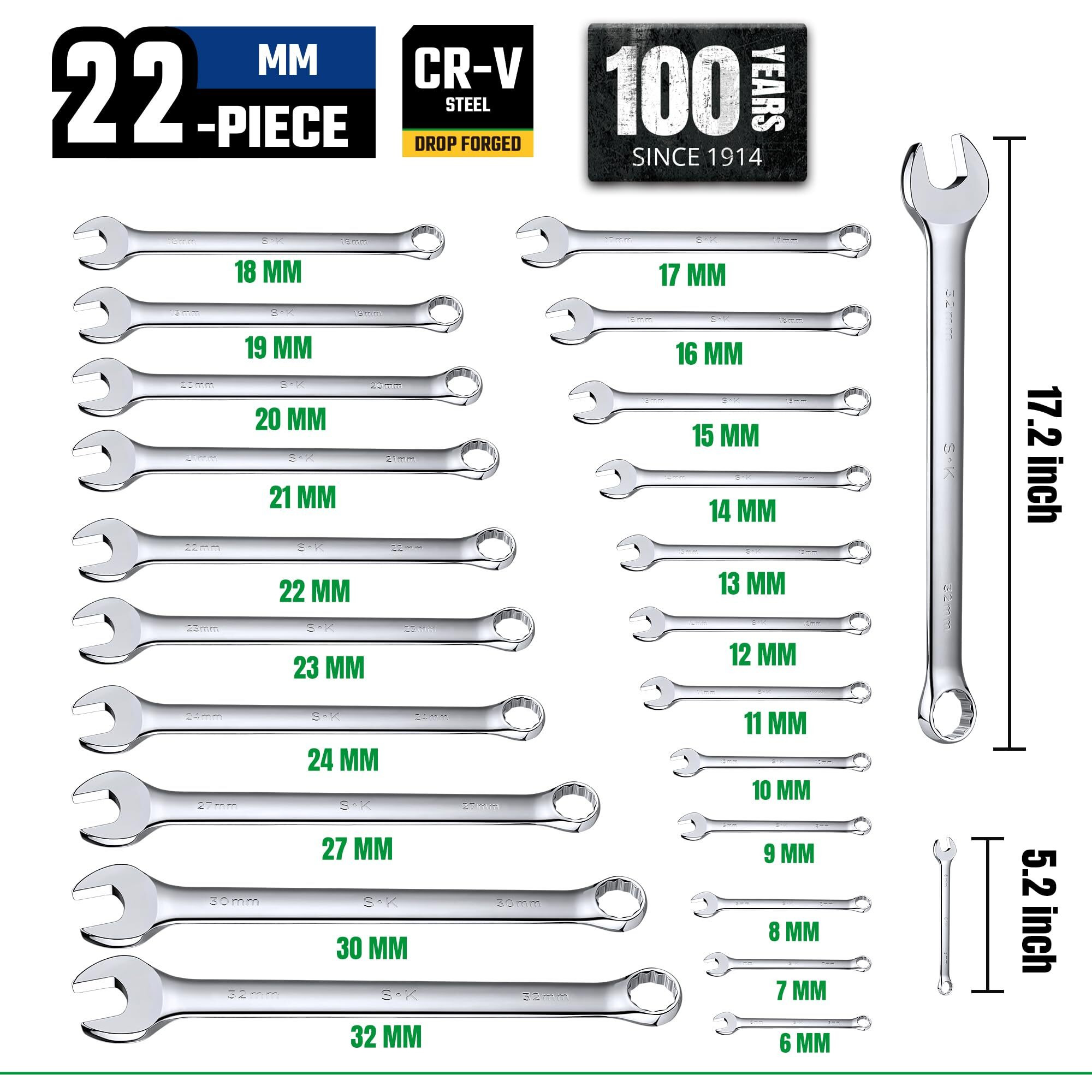 Sk Combination Wrench Set  Metric 6 To 32Mm  22-Piece  Superkrome Finish  Premium Cr-V Construction  With Rolling Pouch