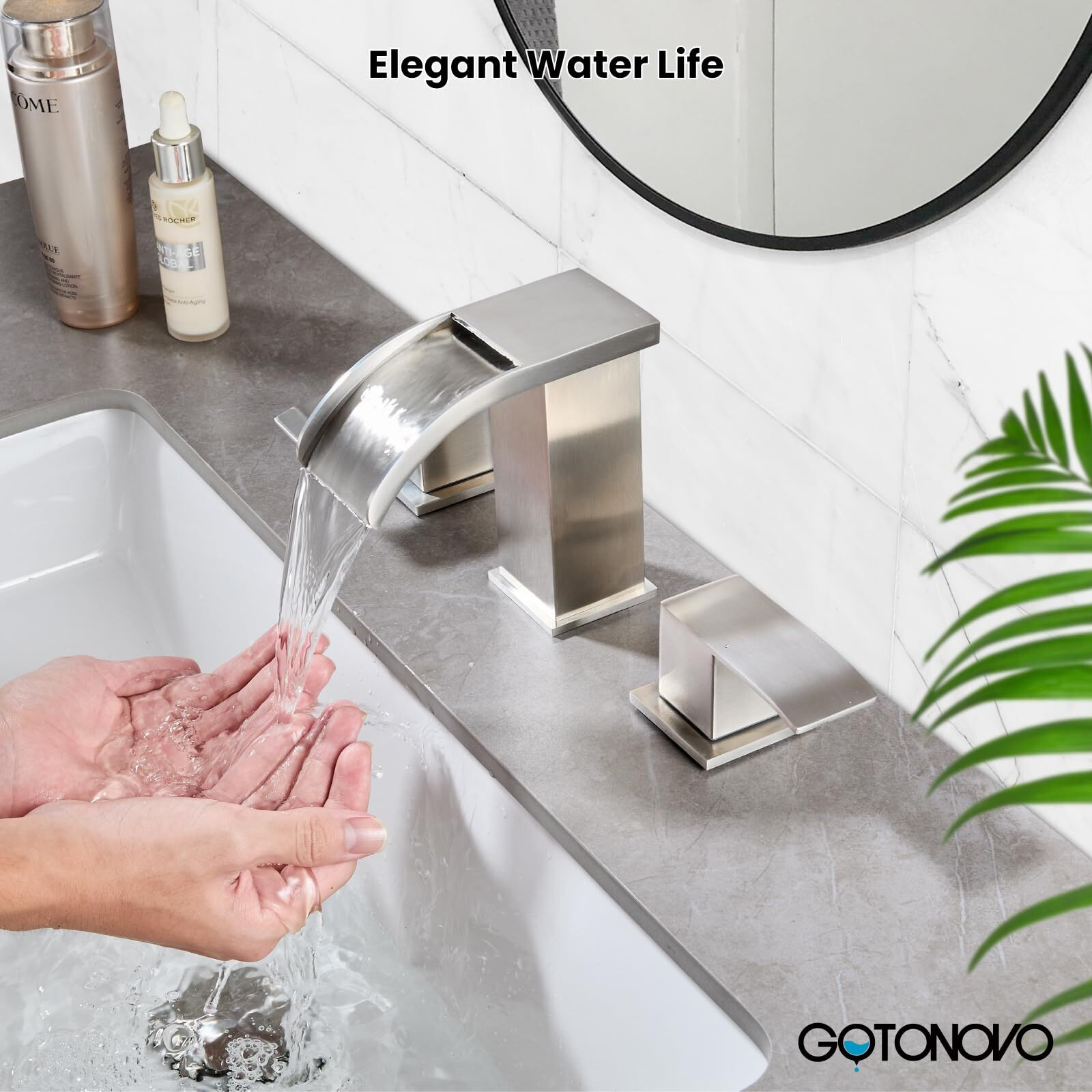 Gotonovo Waterfall 8 Inch Widespread Bathroom Faucet Set Bathroom Sink Faucet 3 Hole 2 Handle Vanity Lavatory Deck Mount With Pop Up Drain And Water Supply Lines Square Body Brushed Nickel