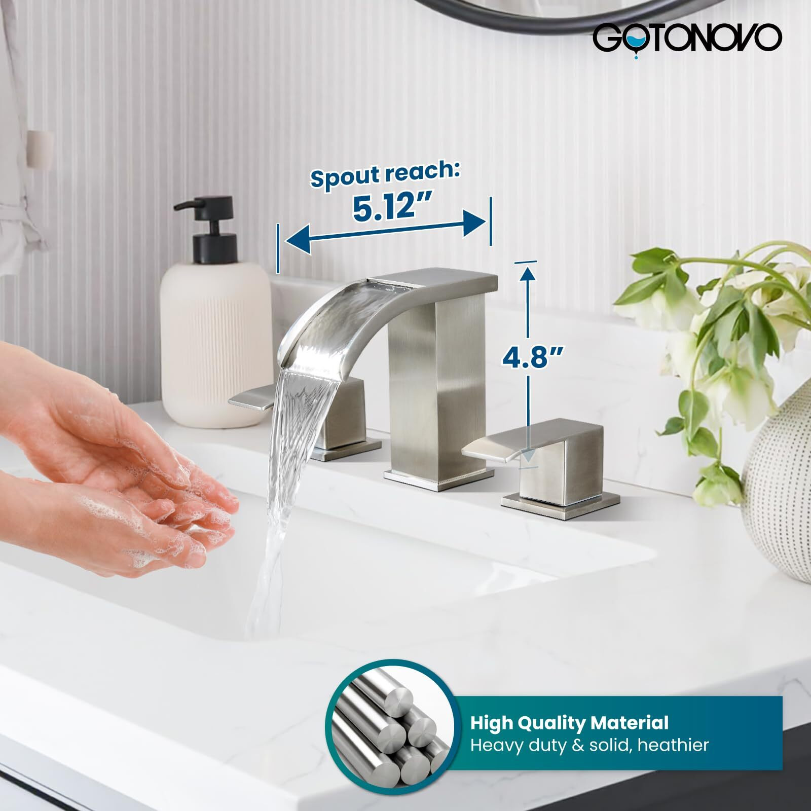 Gotonovo Waterfall 8 Inch Widespread Bathroom Faucet Set Bathroom Sink Faucet 3 Hole 2 Handle Vanity Lavatory Deck Mount With Pop Up Drain And Water Supply Lines Square Body Brushed Nickel