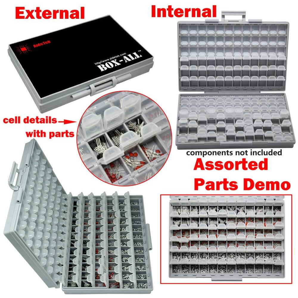 Aidetek Box-All Enclosure For Surface Mount Components 1206 0805 0603 0402 0201 Size+ 198 White Labels 144 Compartments With Lid Hold Up To 300Pcs 1206 Resistor Capacitor
