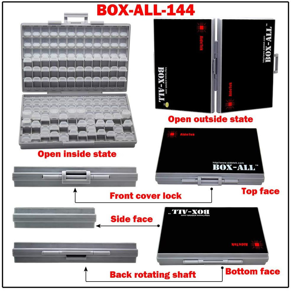 Aidetek Box-All Enclosure For Surface Mount Components 1206 0805 0603 0402 0201 Size+ 198 White Labels 144 Compartments With Lid Hold Up To 300Pcs 1206 Resistor Capacitor