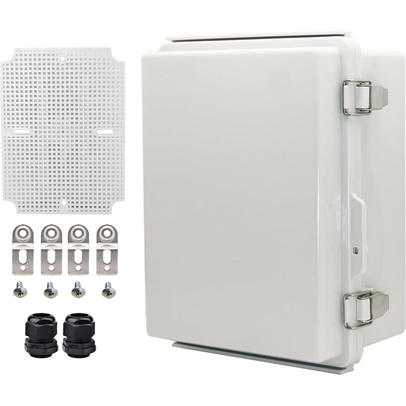 Yetlebox Waterproof Electrical Box With Mounting Plate  Ip67 Junction Box Stainless Steel Latch Hinged Grey Cover Project Enclosure With Wall Bracket And 2 Glands 8.3"" X 6.3"" X 3.9""