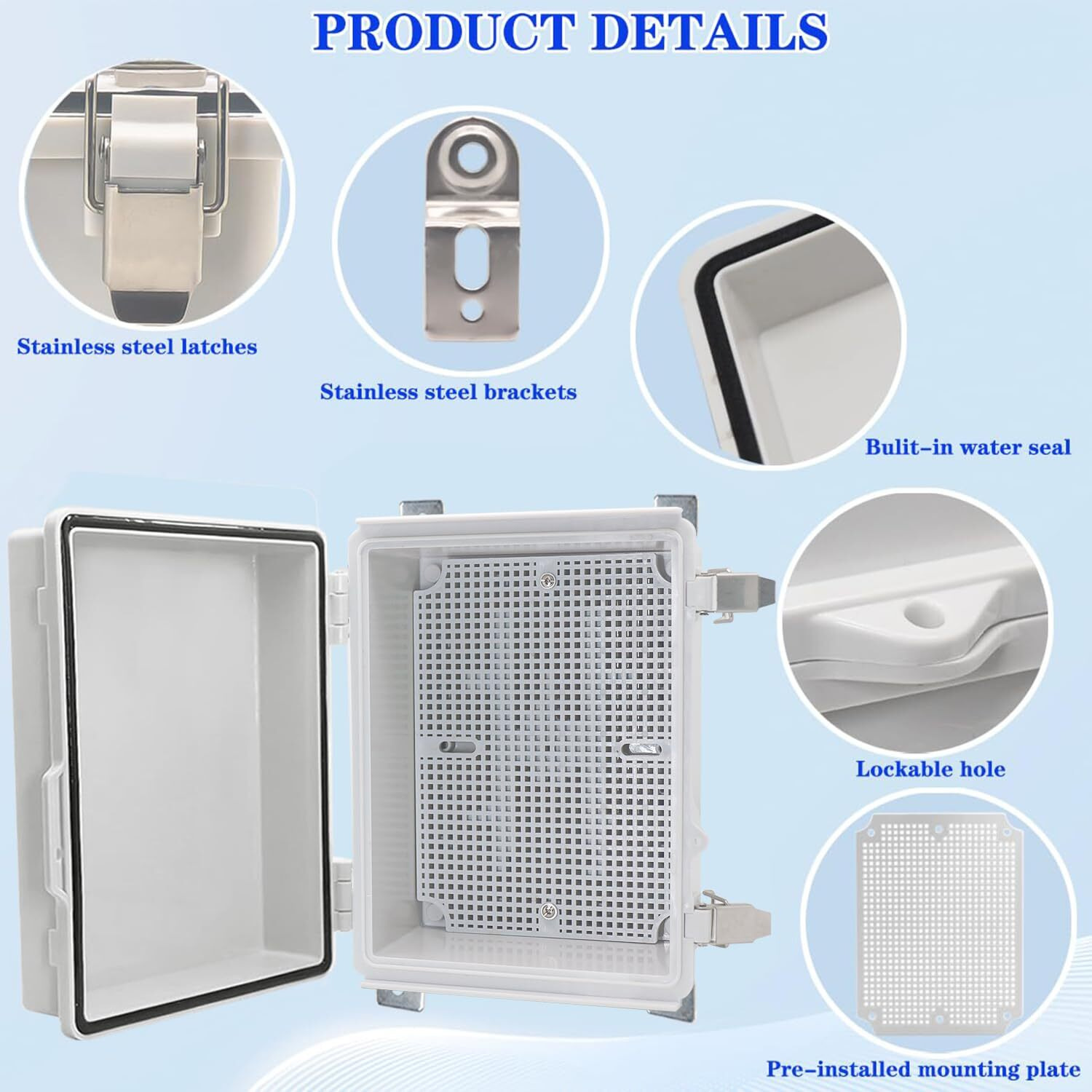 Yetlebox Waterproof Electrical Box With Mounting Plate  Ip67 Junction Box Stainless Steel Latch Hinged Grey Cover Project Enclosure With Wall Bracket And 2 Glands 8.3"" X 6.3"" X 3.9""