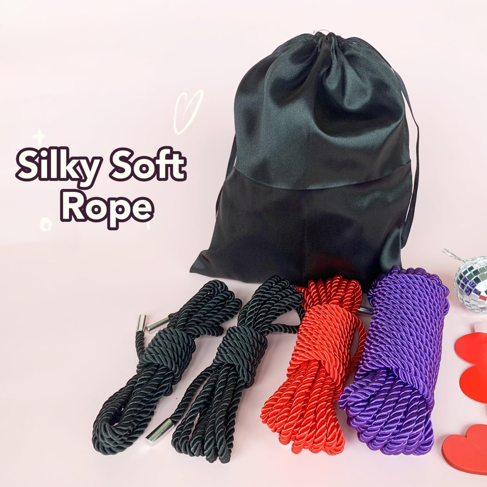 Bavihor Silk Rope  Skin Friendly Soft Rope Durable  32 Feet 8 Mm Multipurpose Long Satin Braided Twisted Rope (2X8Ft Black+16Ft Red+32Ft Purple)