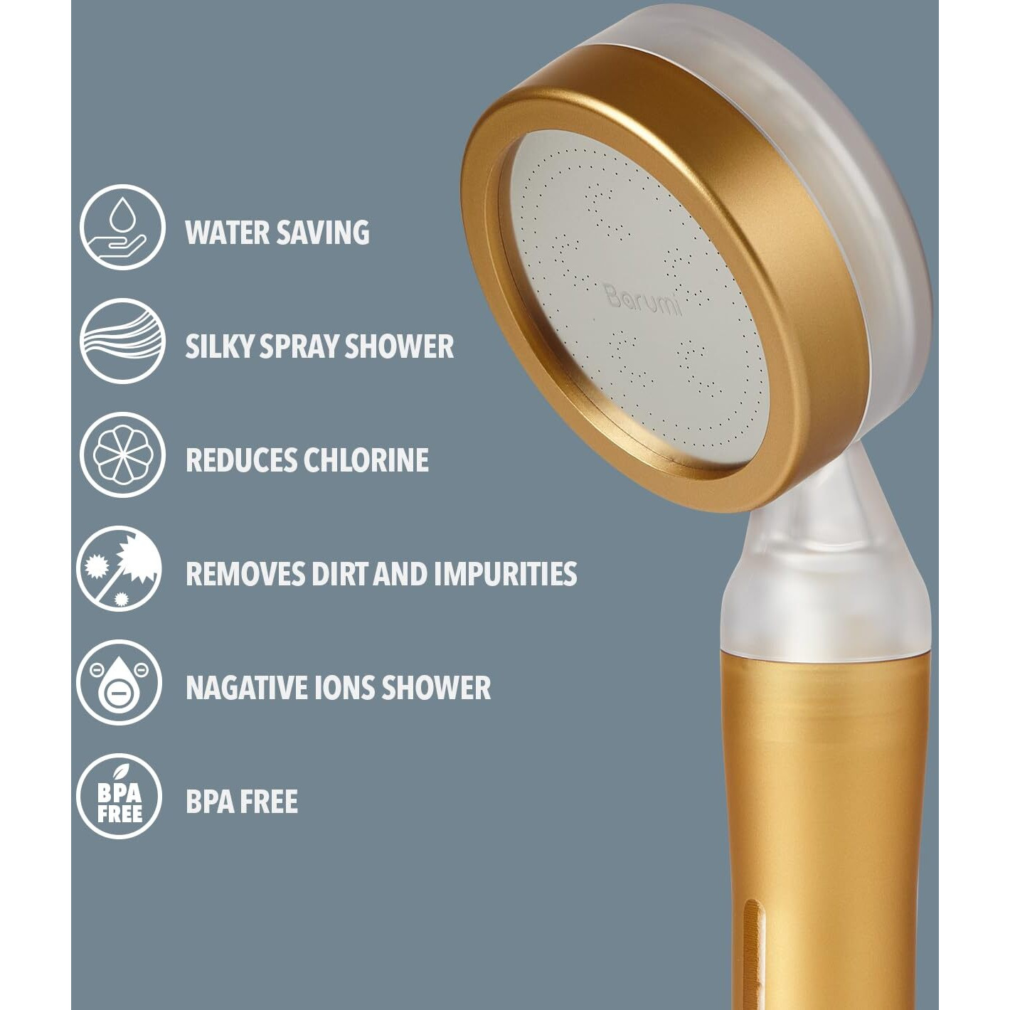 Barumi Pluo Handheld Filtered Shower Head - Gold | Vitamin C Filter For Healthy Skin & Hair | High Pressure Soft Spray | Dual Filtration Removes Chlorine & Impurities | Gentle Shower For Pets