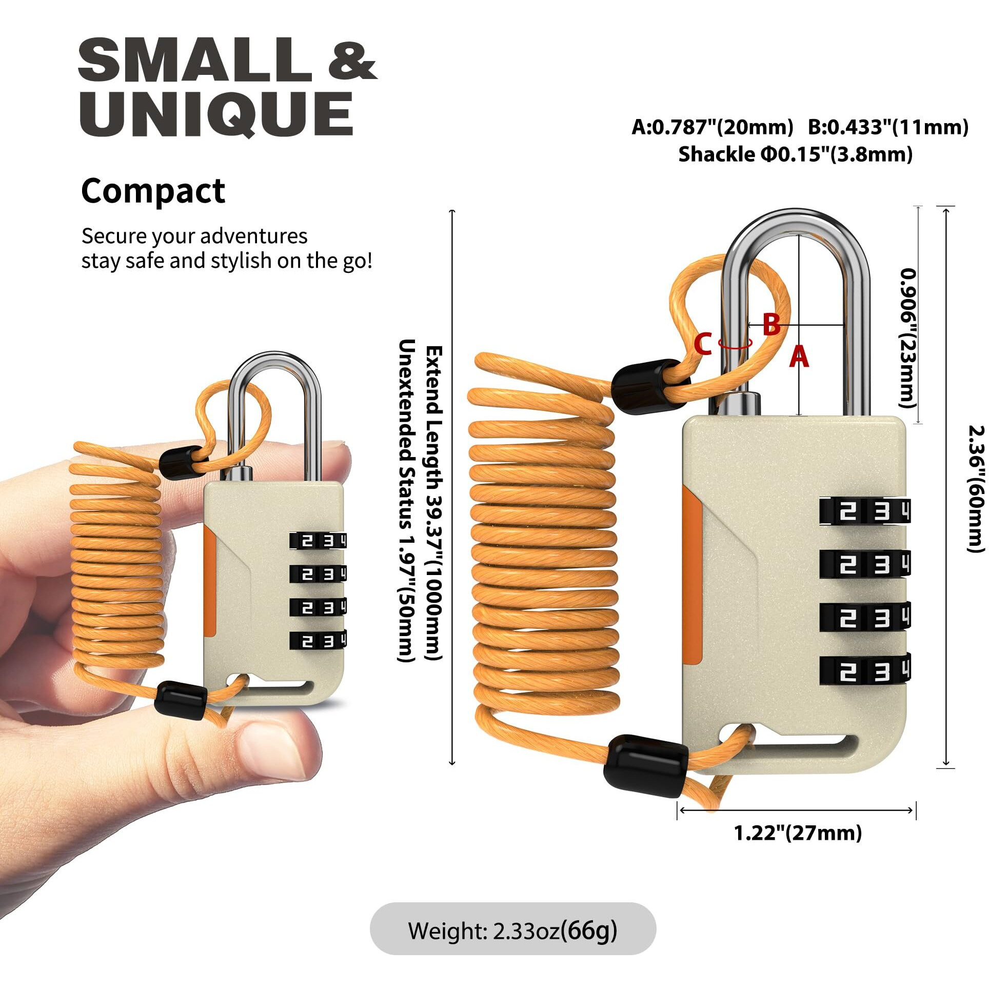 Up Security Ski Lock  Small Combination Lock With Retractable Cable (36In)  Combo Cable Padlocks For Outdoor Use  Snowboard  Travel Luggage  Suitcase  Backpack  Bike  Motorcycle Helmet (Golden)