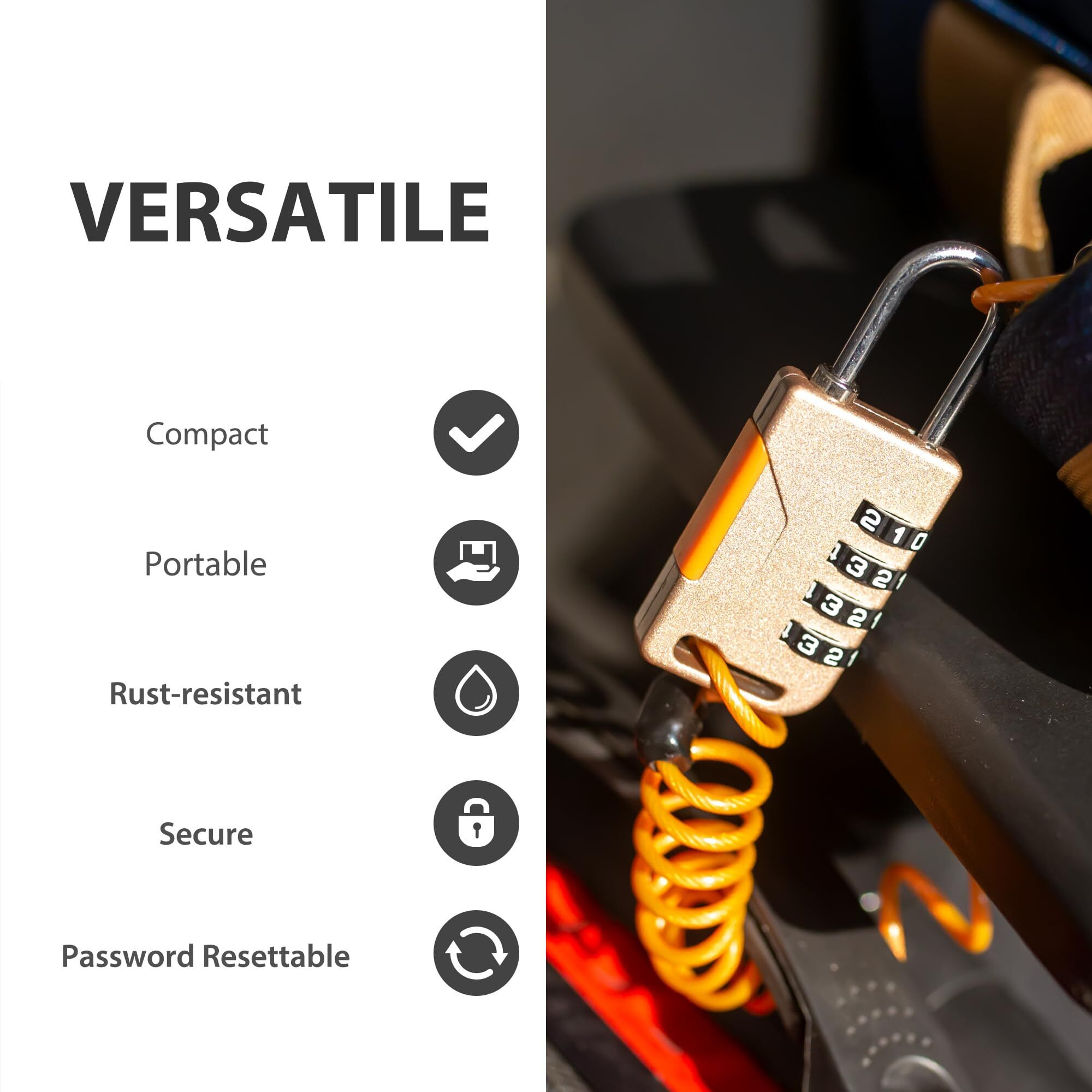 Up Security Ski Lock  Small Combination Lock With Retractable Cable (36In)  Combo Cable Padlocks For Outdoor Use  Snowboard  Travel Luggage  Suitcase  Backpack  Bike  Motorcycle Helmet (Golden)