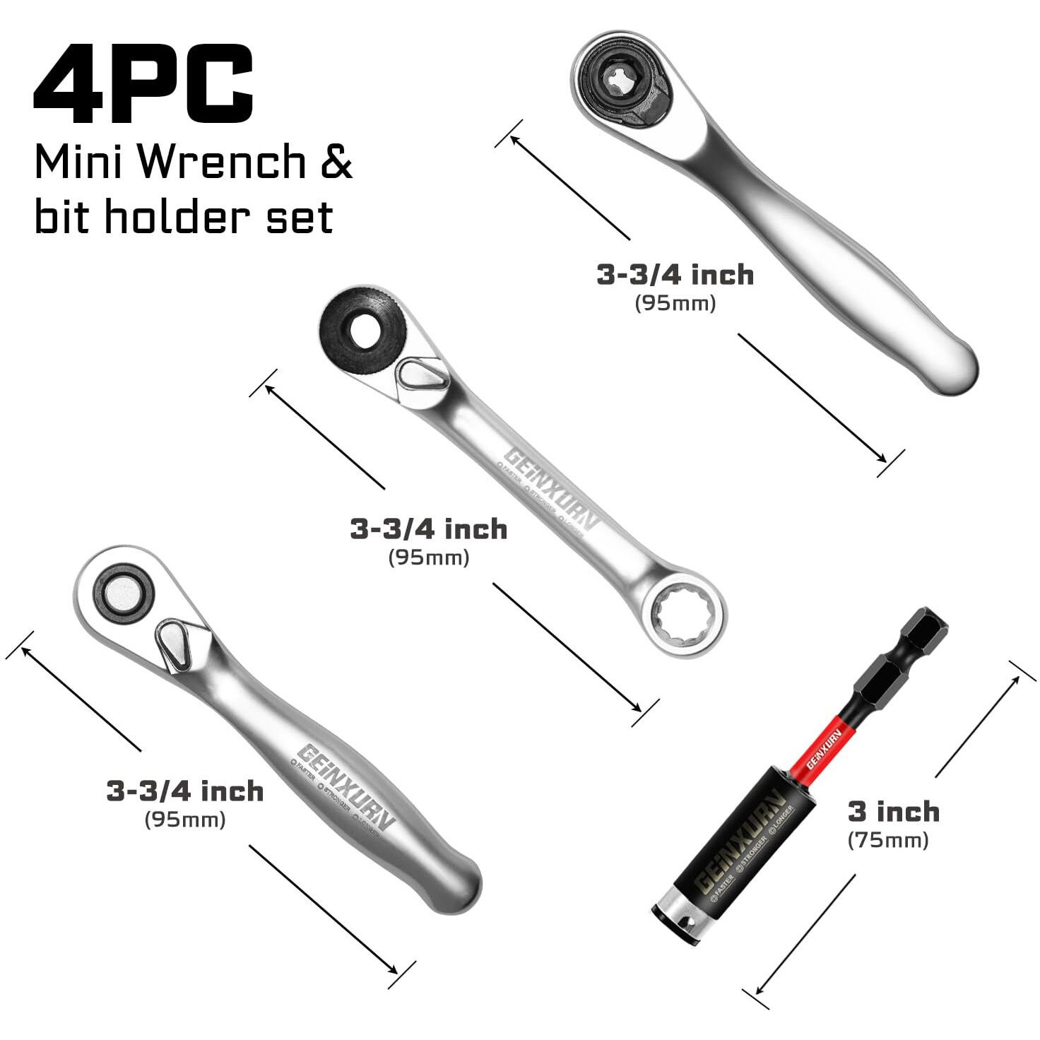 Geinxurn Mini Ratchet Wrench& Bit Holder Set 4 Pcs  1/4"" Drive Ratchet Handle Wrench  72-T Quick-Release Reversible Socket Wrench  Impact Extension Bit Holder With Case