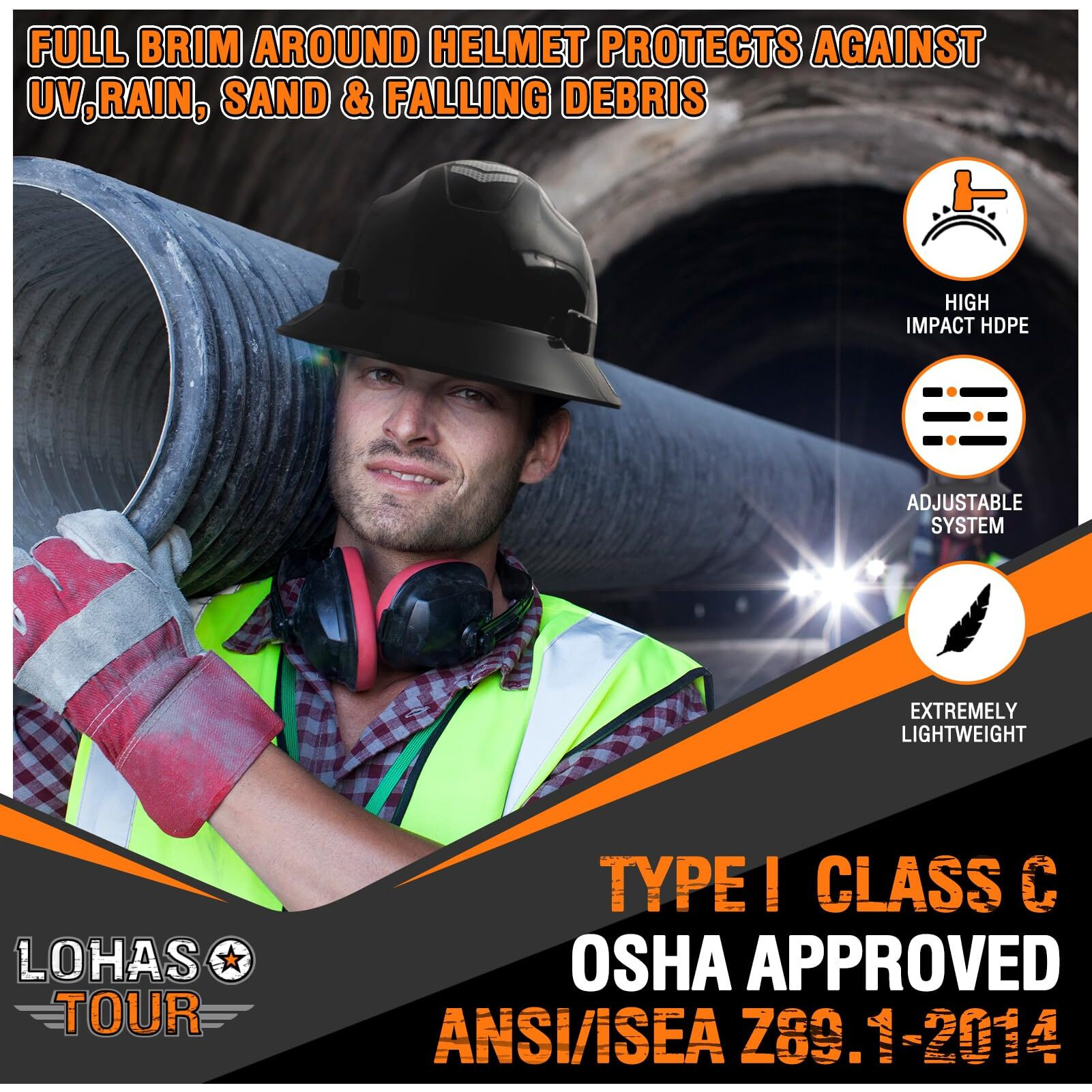 Lohastour Full Brim Hard Hat Safety Helmet Vented Ansi Z89.1 Approved Osha Hard Hats Construction Men Women Adult(Full Brim Black)